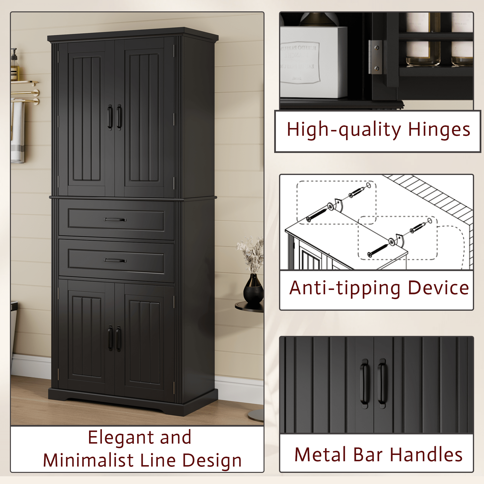 koorbiir k8 Black Storage Cabinet with Adjustable Shelves and 2 Smooth - Gliding Drawers ¨C Multi - Functional Kitchen, Bathroom, Dining, and Living Room Storage Solution - Koorbiir