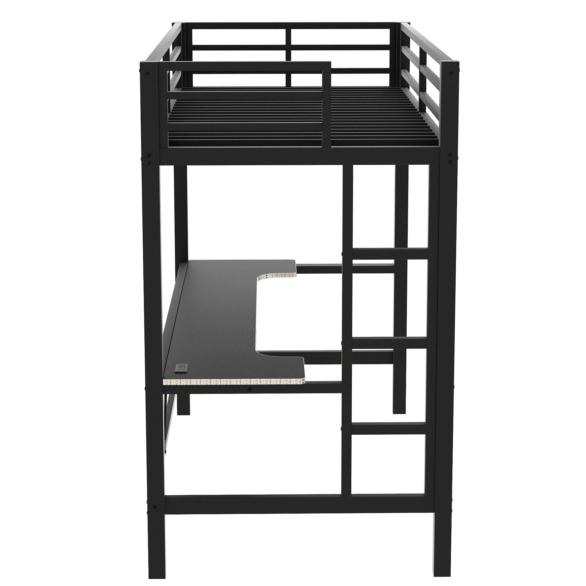 koorbiir G3 Full Size Metal Loft Bed with Built-In Gaming Desk, LED Light & USB Charging Station ¨C Black