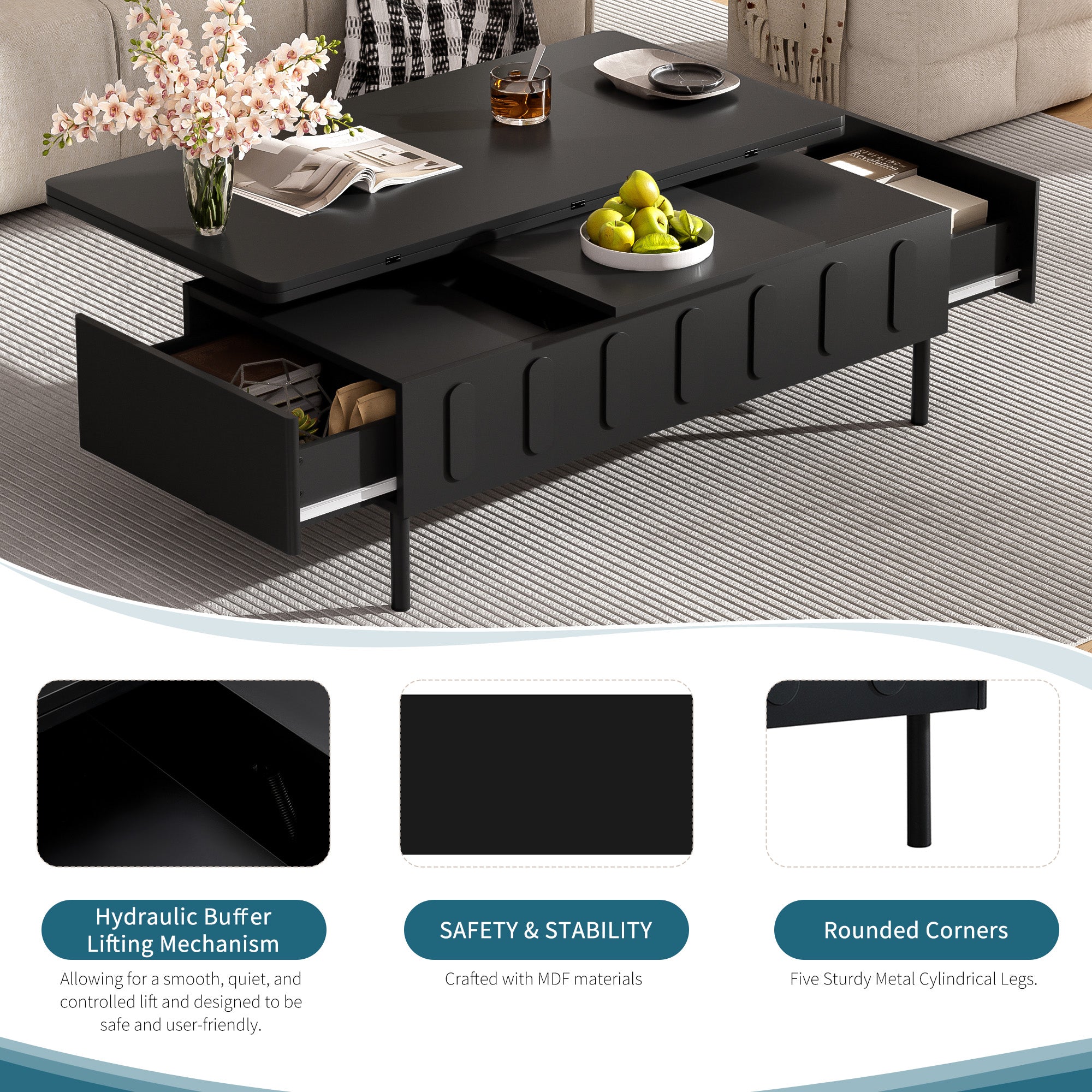 koorbiir f1 Folding Lift-Top Coffee Table with Drawers and Hidden Storage, Modern Space-Saving Center Table with Adjustable Height and Flip Top for Living Room