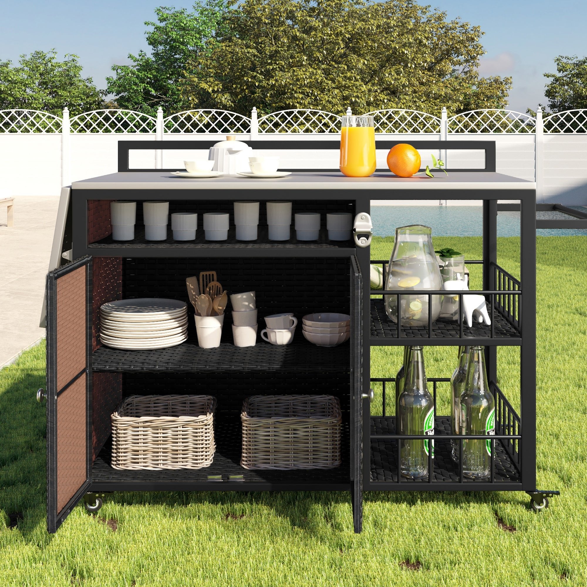 koorbiir k5 63.5" Outdoor Kitchen Island ¨C Rolling Kitchen Storage Island & Cooking Station with Foldable Side Tabletop, Ample Storage, Bottle Opener, Lockable Wheels for Patio & Backyard BBQ, Dark Brown - Koorbiir