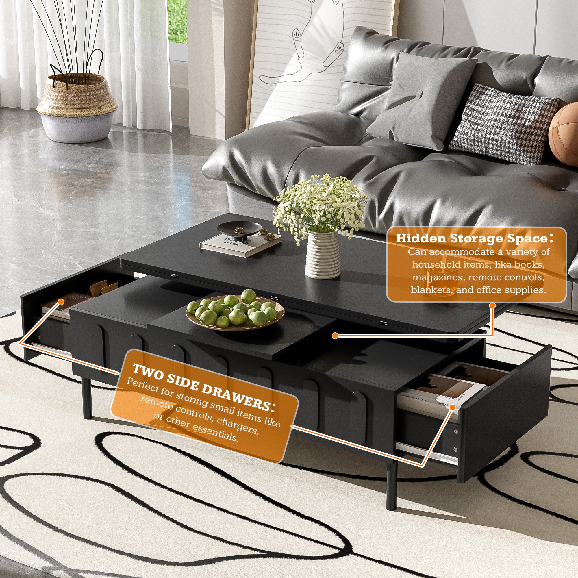 koorbiir f1 Folding Lift-Top Coffee Table with Drawers and Hidden Storage, Modern Space-Saving Center Table with Adjustable Height and Flip Top for Living Room