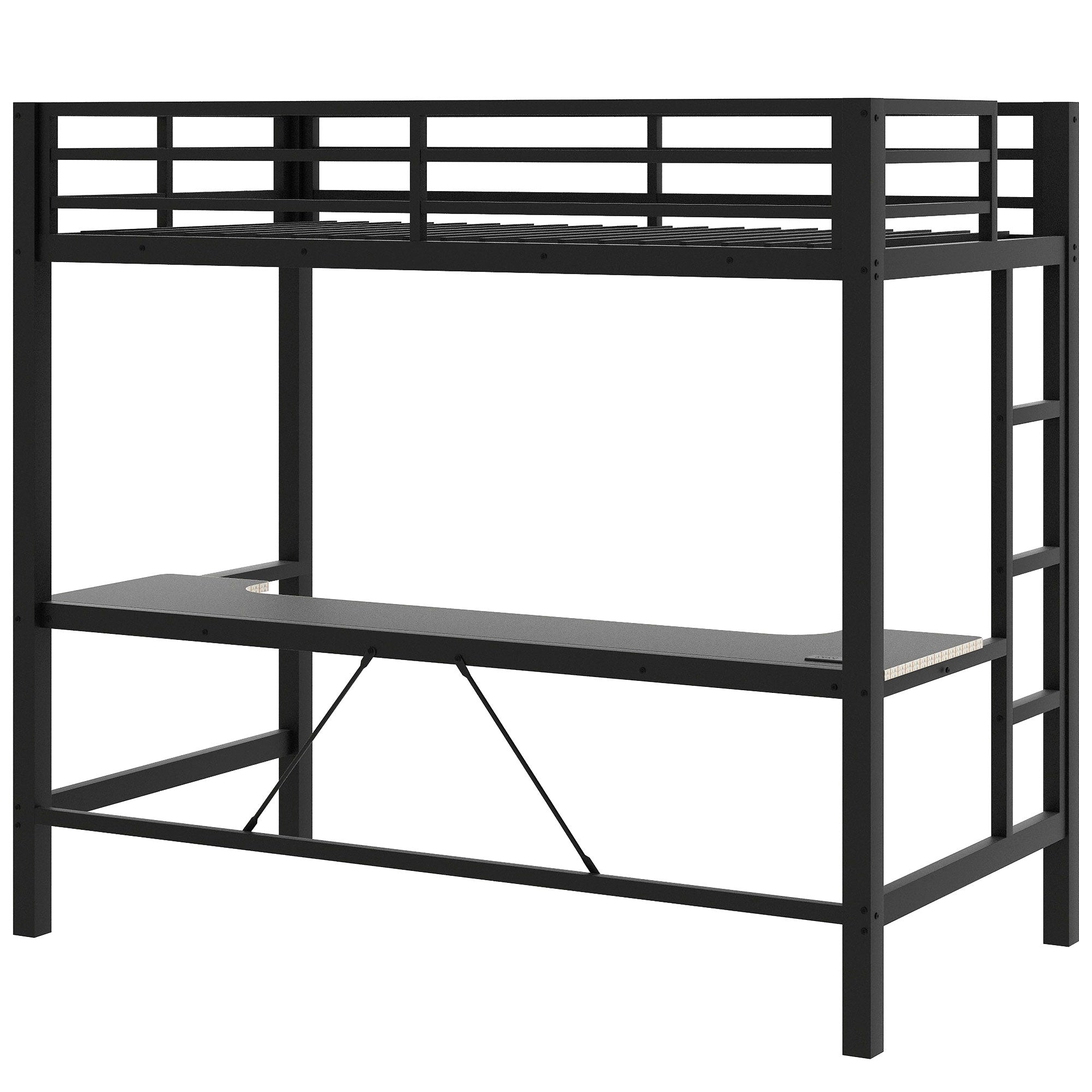 koorbiir G3 Full Size Metal Loft Bed with Built-In Gaming Desk, LED Light & USB Charging Station ¨C Black