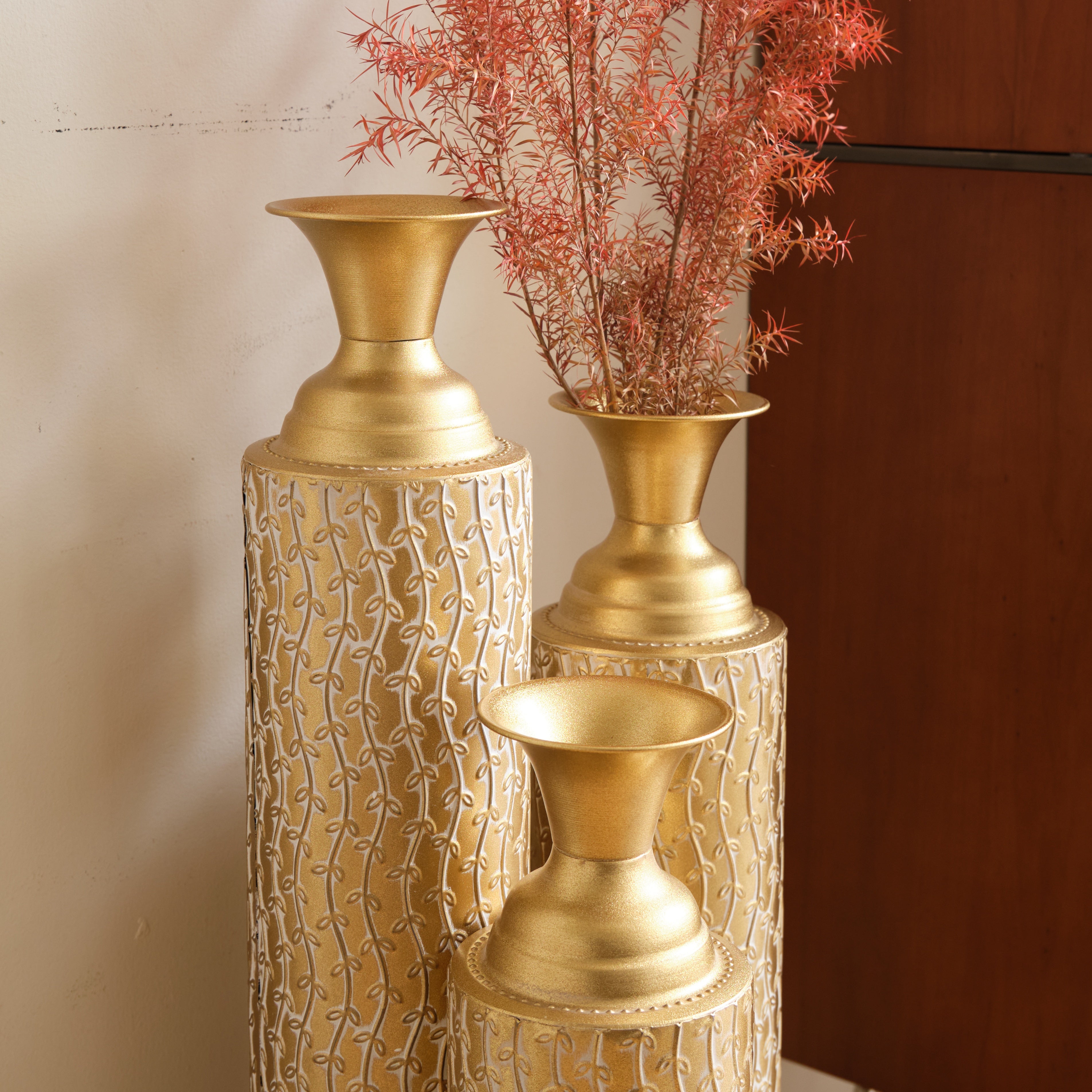 koorbiir va1 Set of 3 Gold Metal Decorative Vases ¨C Distressed Tall Floor Vases with Vine Patterns, Home D¨¦cor Centerpiece Vases (34", 29", 25"H)