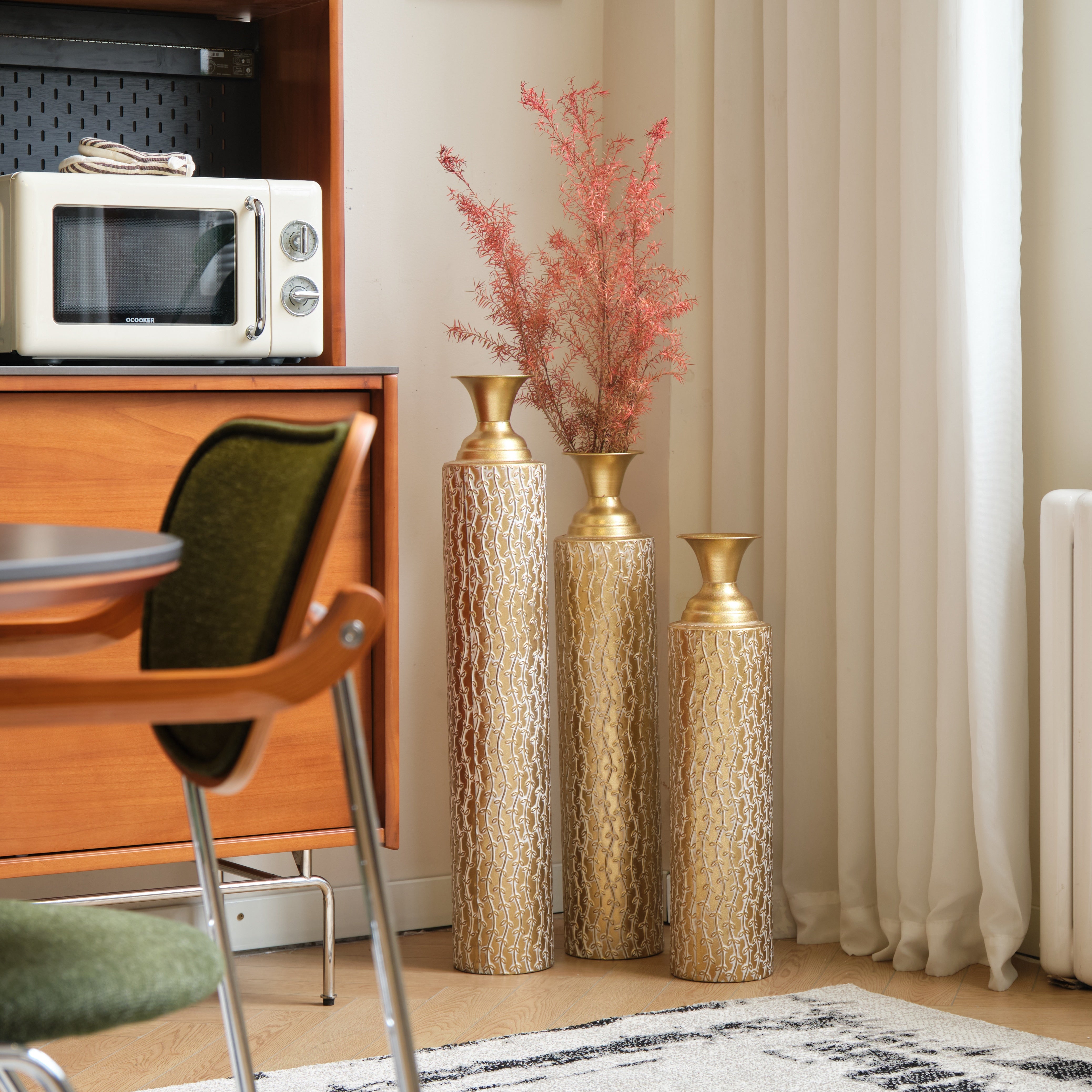 koorbiir va1 Set of 3 Gold Metal Decorative Vases ¨C Distressed Tall Floor Vases with Vine Patterns, Home D¨¦cor Centerpiece Vases (34", 29", 25"H)