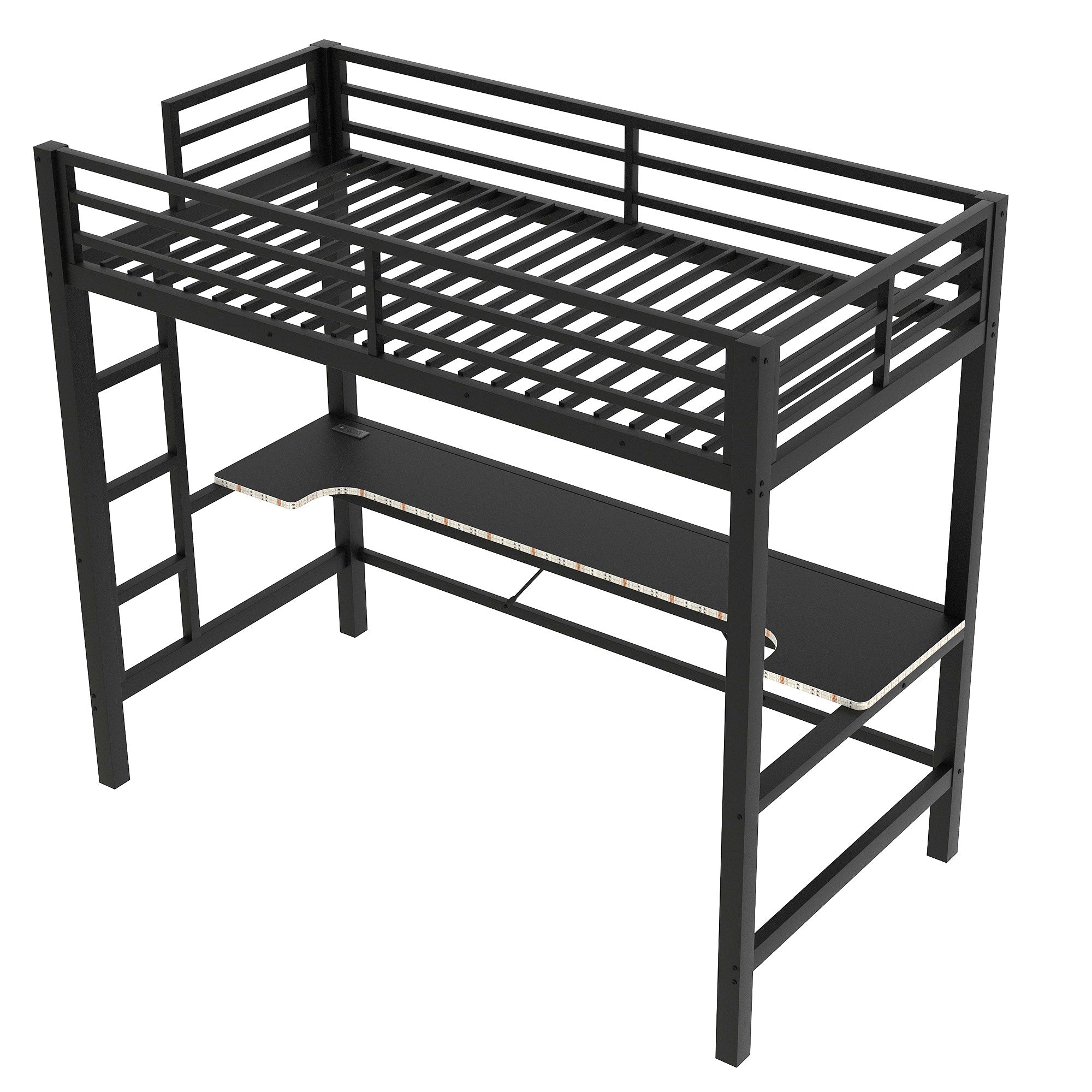 koorbiir G3 Full Size Metal Loft Bed with Built-In Gaming Desk, LED Light & USB Charging Station ¨C Black