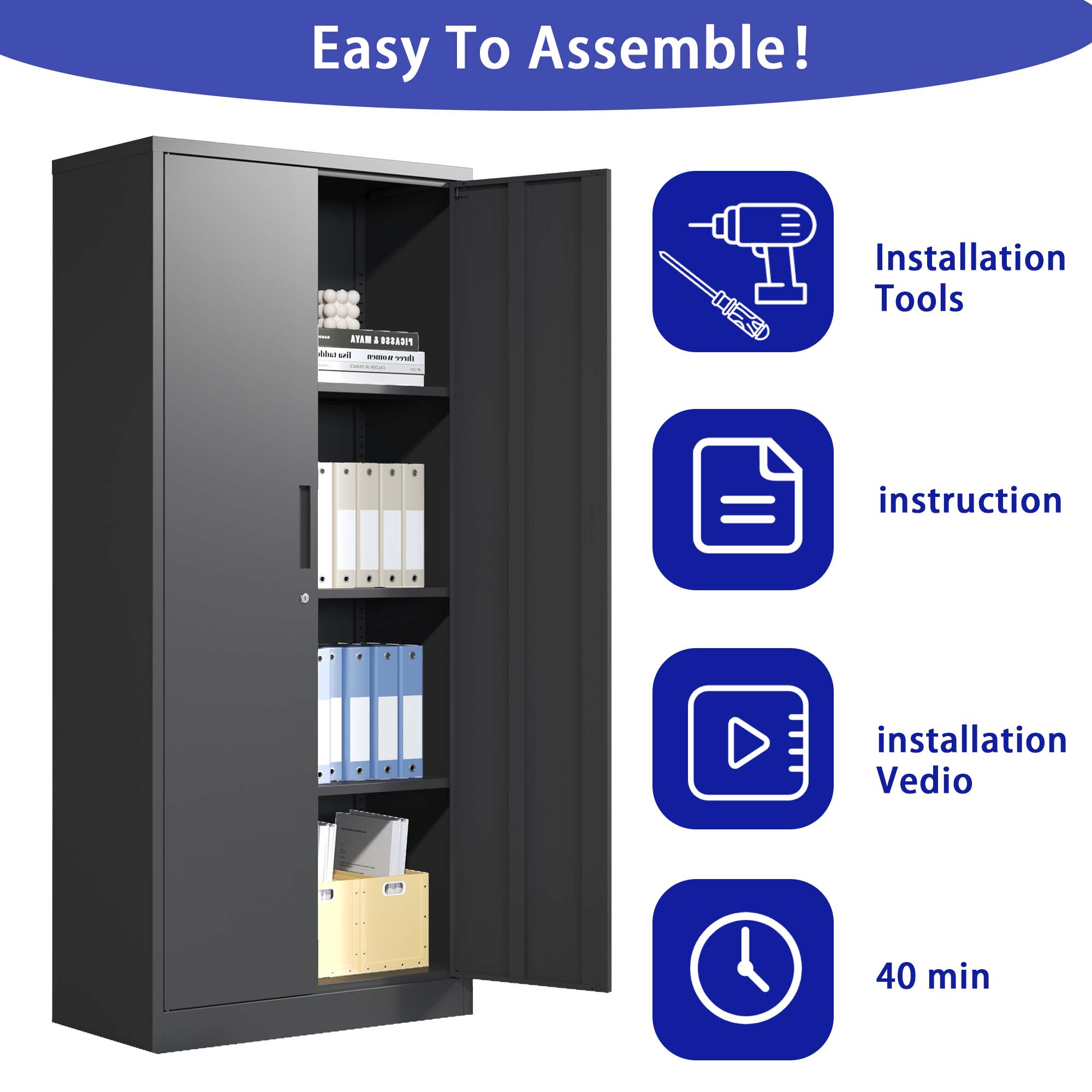 71" Tall Metal Garage Storage Cabinet ¨C Black Locking Tool Steel Cabinet with Doors & 3 Adjustable Shelves, Multipurpose Office Cabinet for Home, Garage, Classroom, Pantry