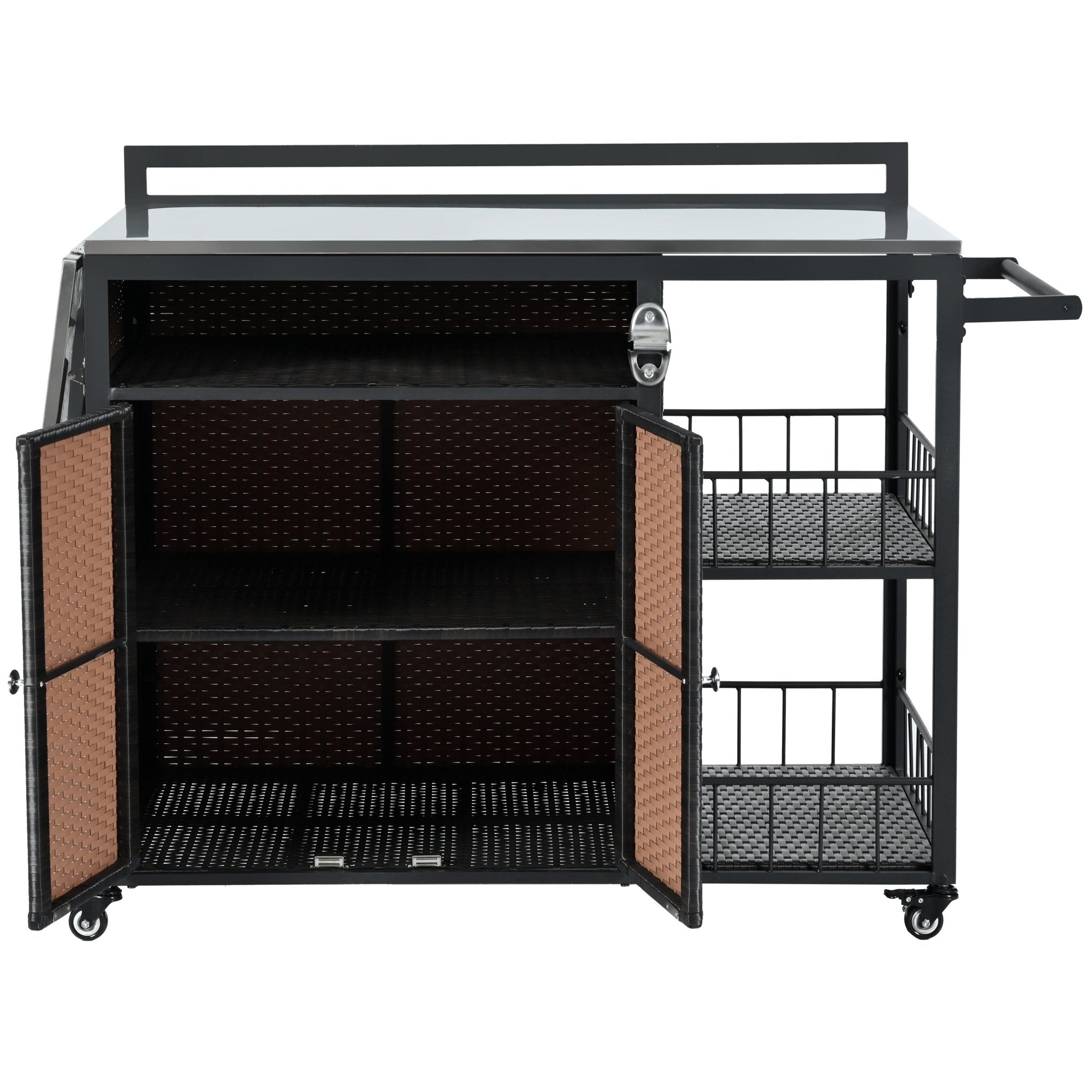 koorbiir k5 63.5" Outdoor Kitchen Island ¨C Rolling Kitchen Storage Island & Cooking Station with Foldable Side Tabletop, Ample Storage, Bottle Opener, Lockable Wheels for Patio & Backyard BBQ, Dark Brown - Koorbiir