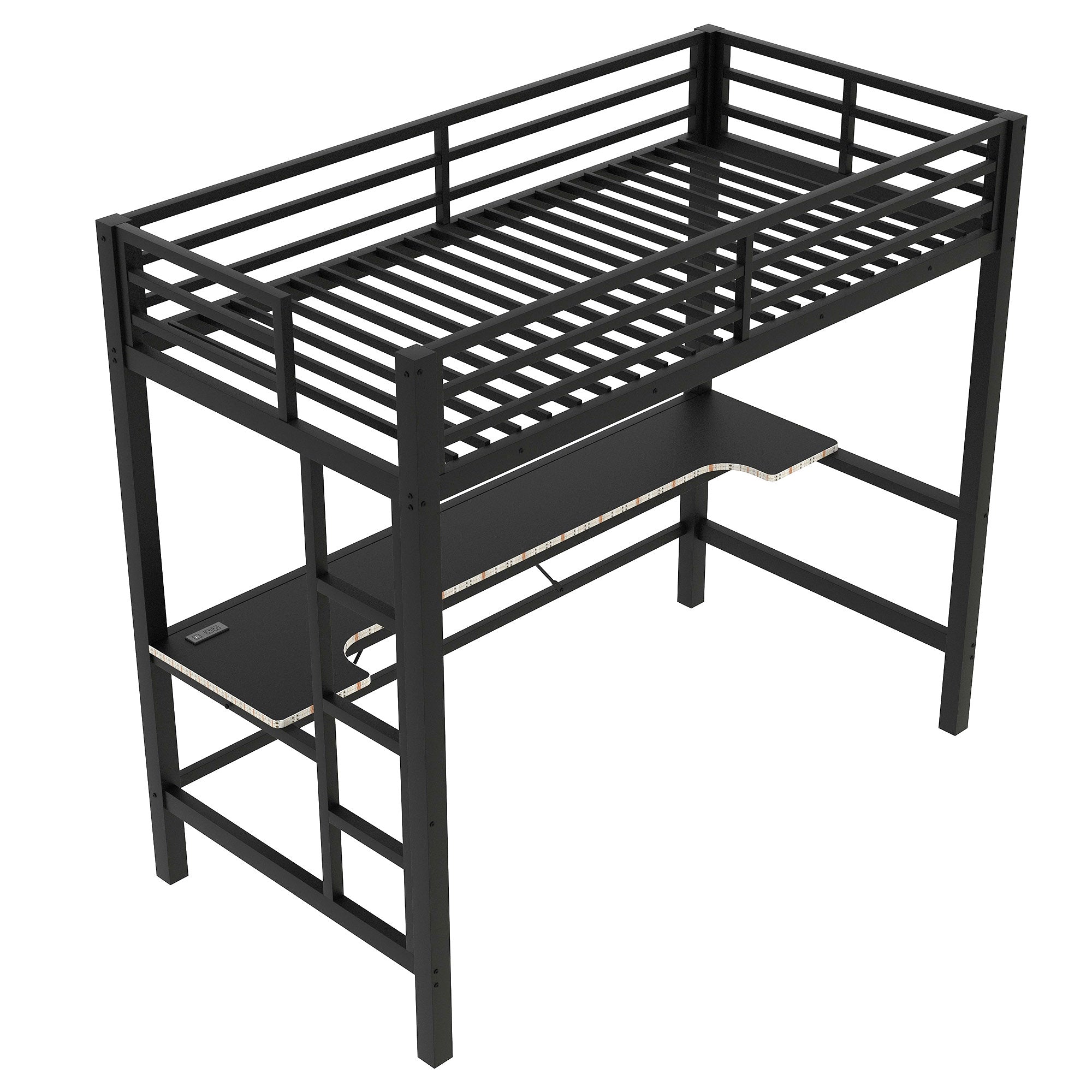 koorbiir G3 Full Size Metal Loft Bed with Built-In Gaming Desk, LED Light & USB Charging Station ¨C Black