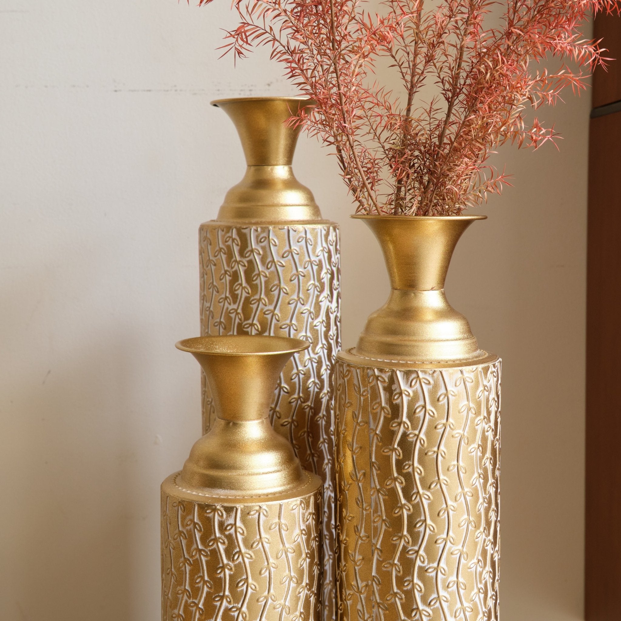 koorbiir va1 Set of 3 Gold Metal Decorative Vases ¨C Distressed Tall Floor Vases with Vine Patterns, Home D¨¦cor Centerpiece Vases (34", 29", 25"H) - Koorbiir