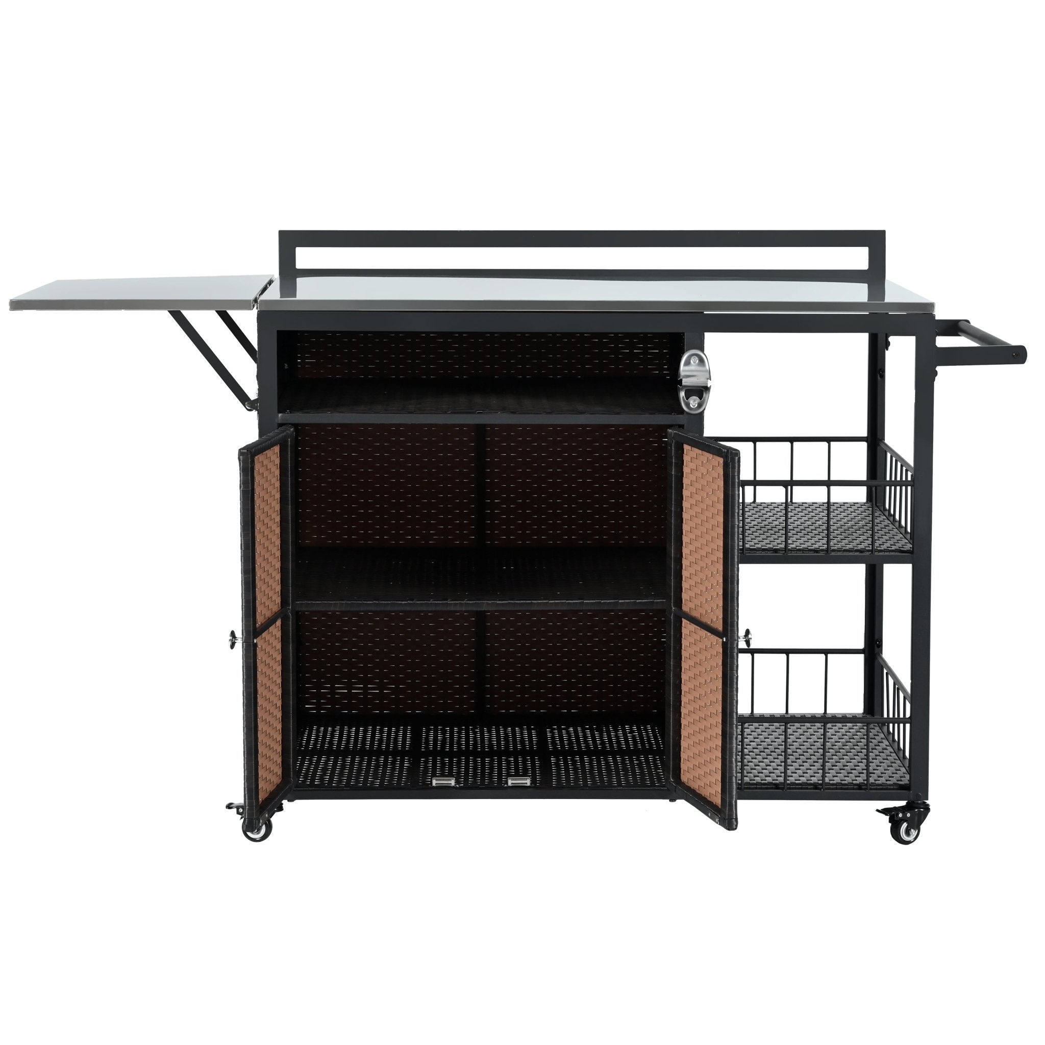 koorbiir k5 63.5" Outdoor Kitchen Island ¨C Rolling Kitchen Storage Island & Cooking Station with Foldable Side Tabletop, Ample Storage, Bottle Opener, Lockable Wheels for Patio & Backyard BBQ, Dark Brown - Koorbiir