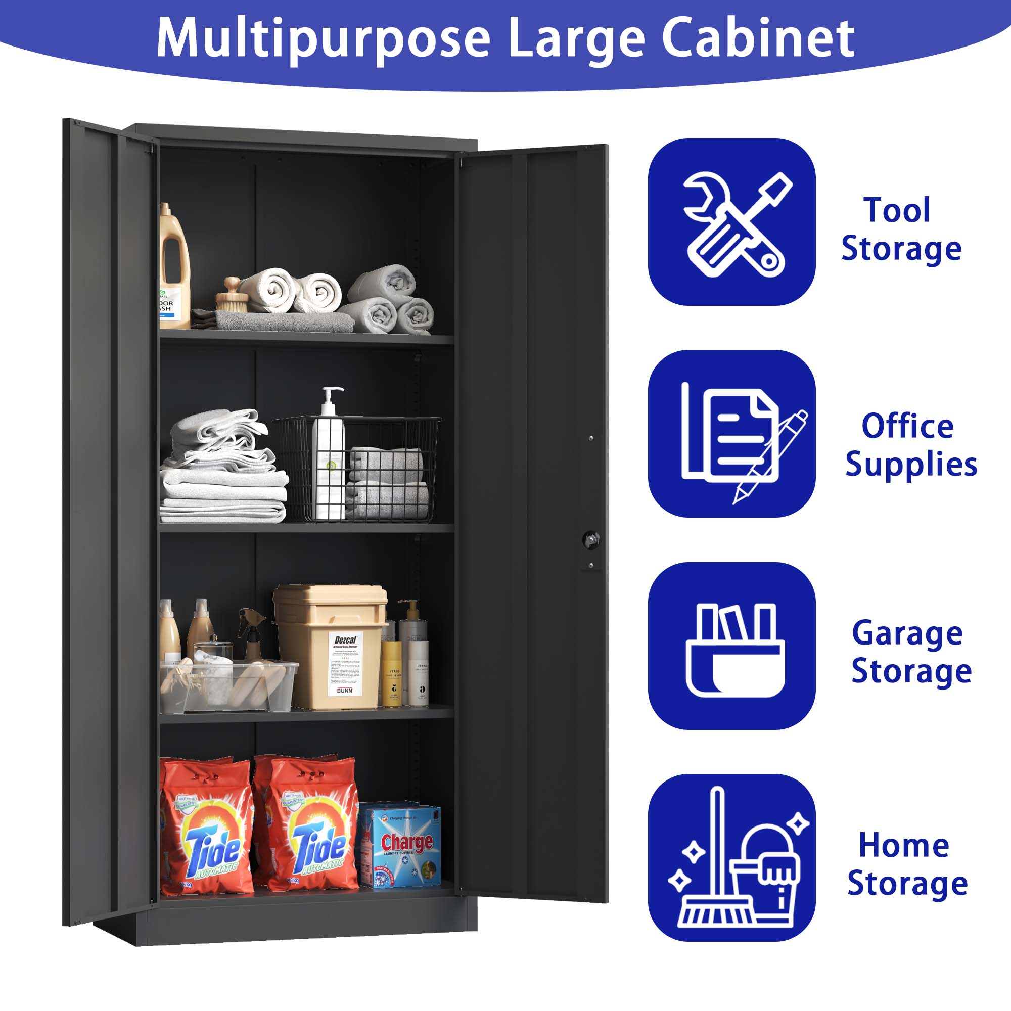 71" Tall Metal Garage Storage Cabinet ¨C Black Locking Tool Steel Cabinet with Doors & 3 Adjustable Shelves, Multipurpose Office Cabinet for Home, Garage, Classroom, Pantry