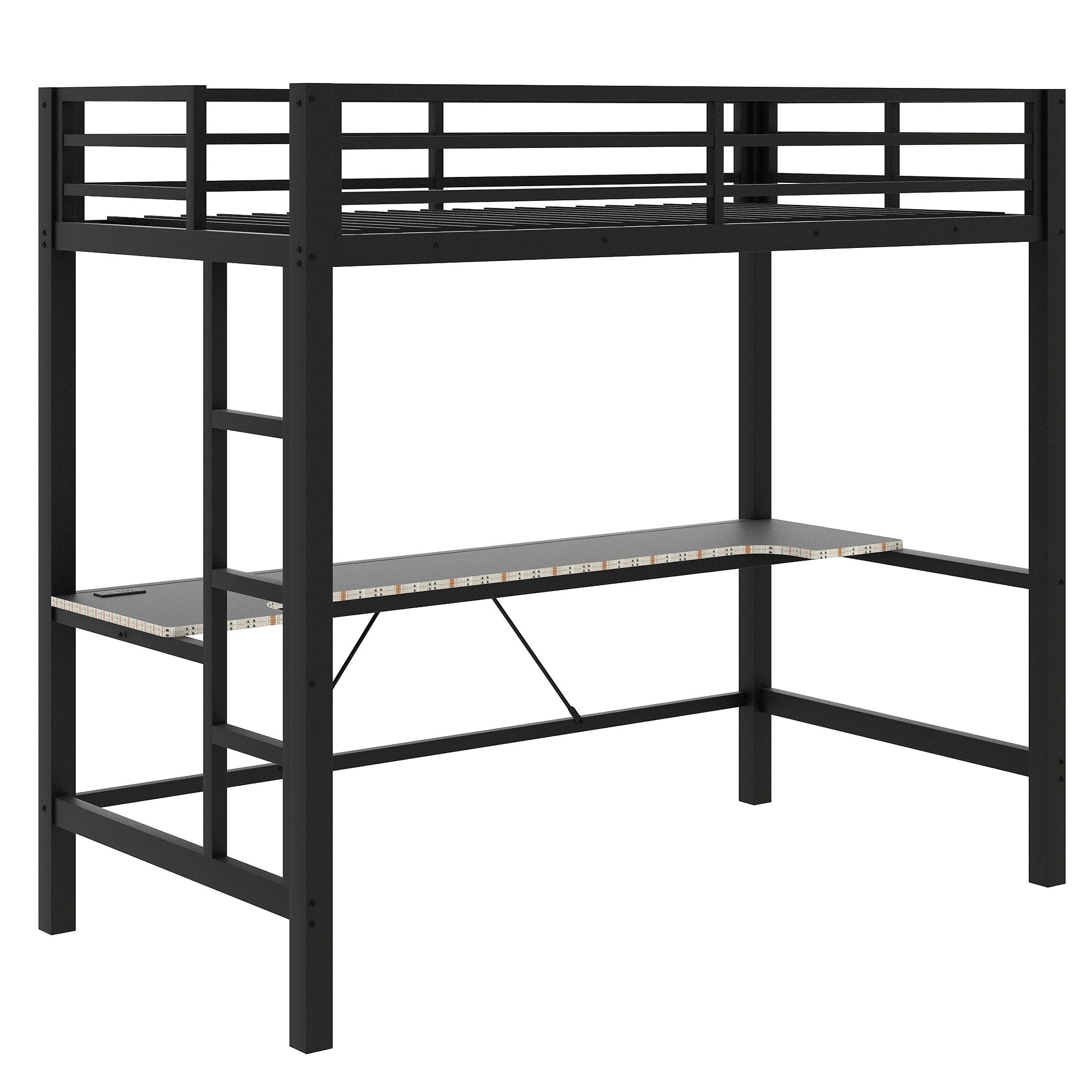 koorbiir G3 Full Size Metal Loft Bed with Built-In Gaming Desk, LED Light & USB Charging Station ¨C Black