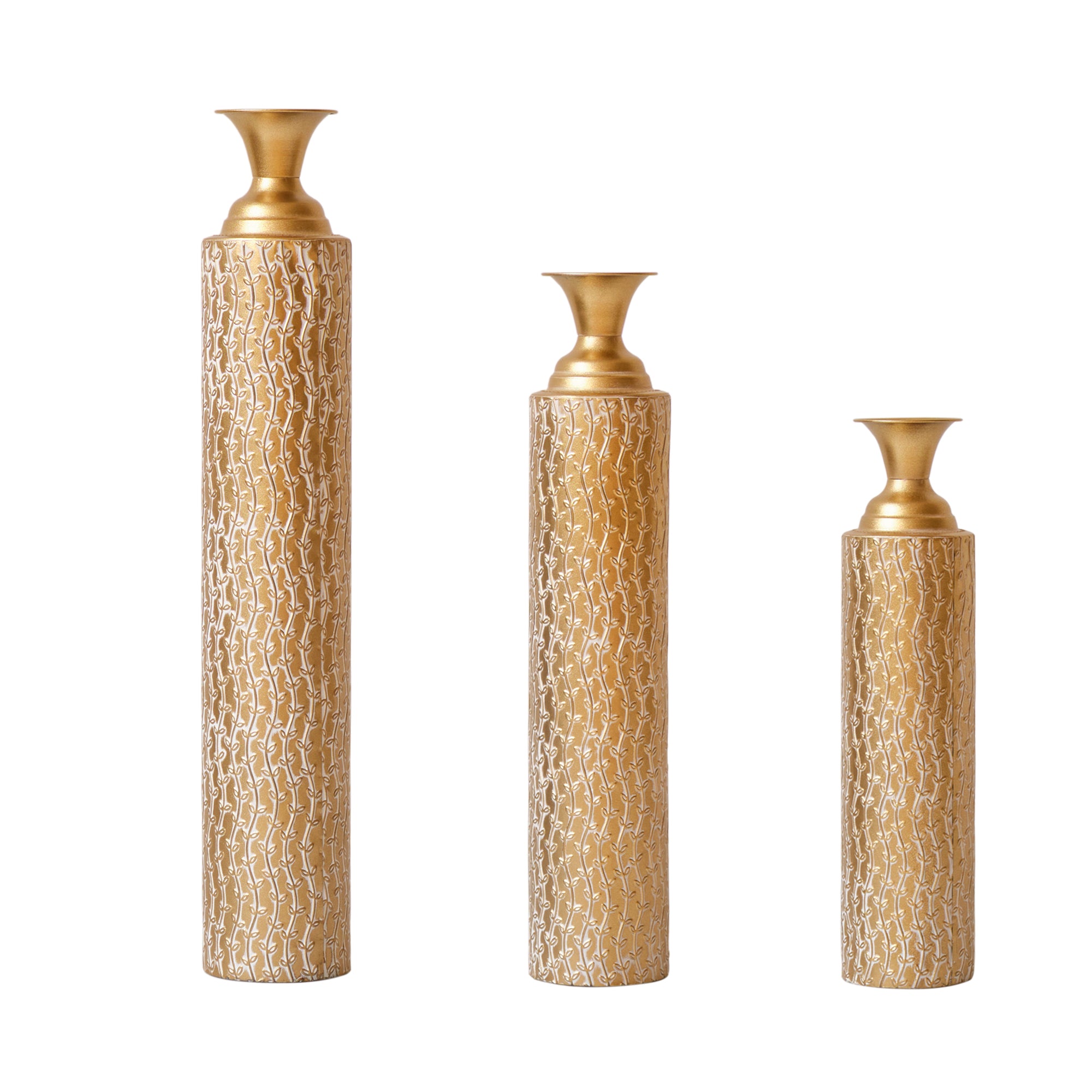koorbiir va1 Set of 3 Gold Metal Decorative Vases ¨C Distressed Tall Floor Vases with Vine Patterns, Home D¨¦cor Centerpiece Vases (34", 29", 25"H)