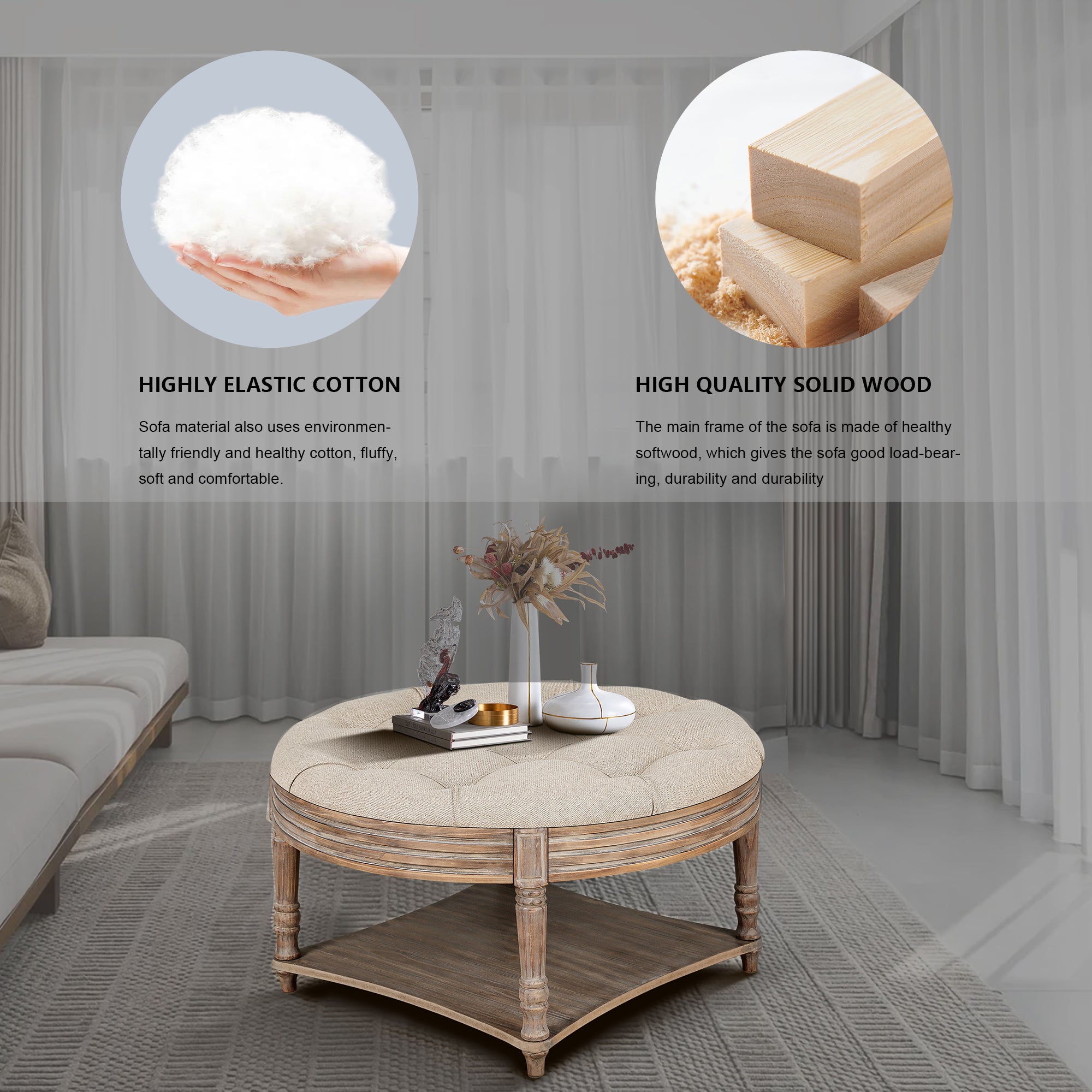 koorbiir ta2 Large Round Waterproof Ottoman Coffee Table with 2-Tier Wooden Shelf ¨C Oversized Button Tufted Upholstered Footstool Ottoman, Farmhouse Style Table Linens (Light Gray) for Living Room