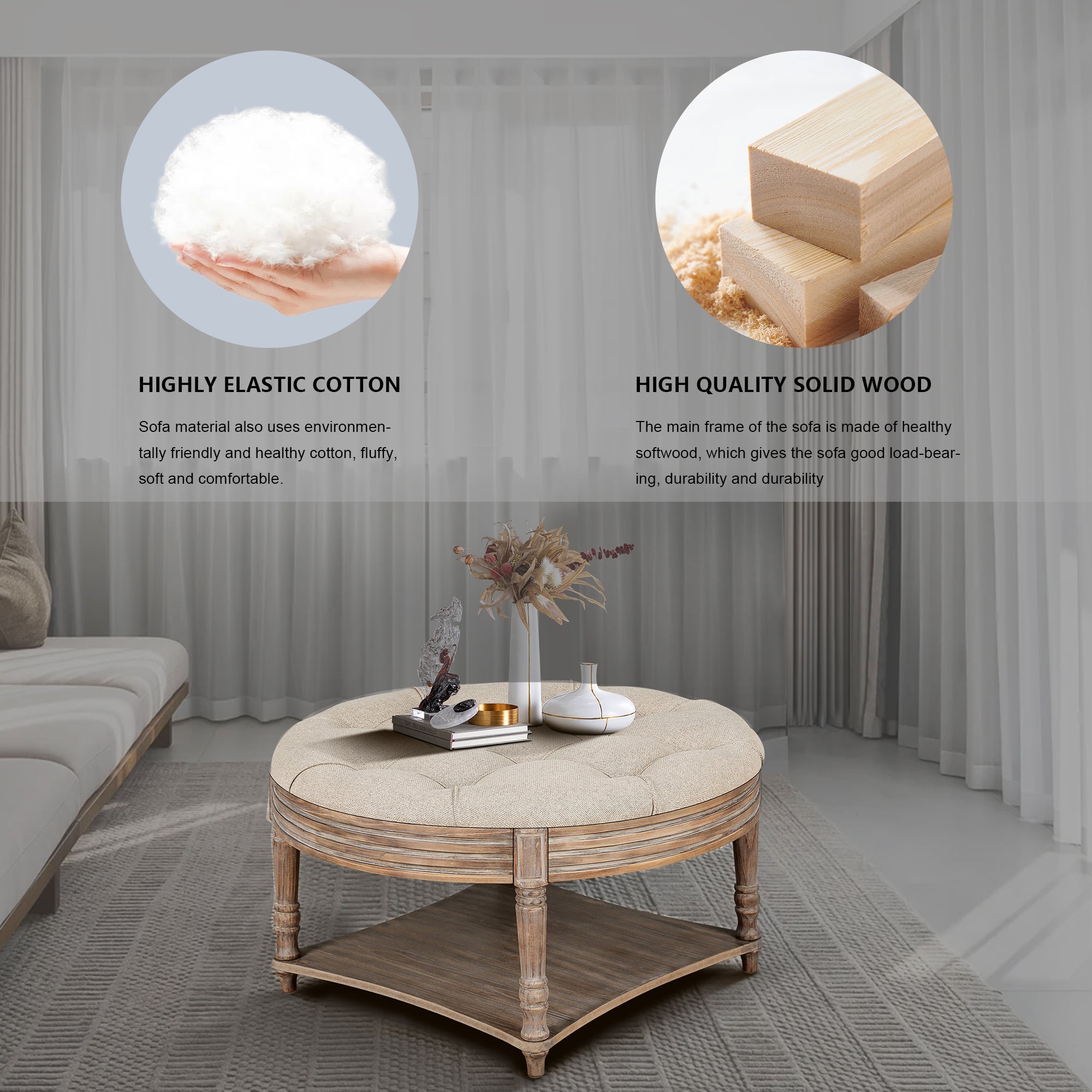 koorbiir ta2 Large Round Waterproof Ottoman Coffee Table with 2 - Tier Wooden Shelf ¨C Oversized Button Tufted Upholstered Footstool Ottoman, Farmhouse Style Table Linens (Light Gray) for Living Room - Koorbiir