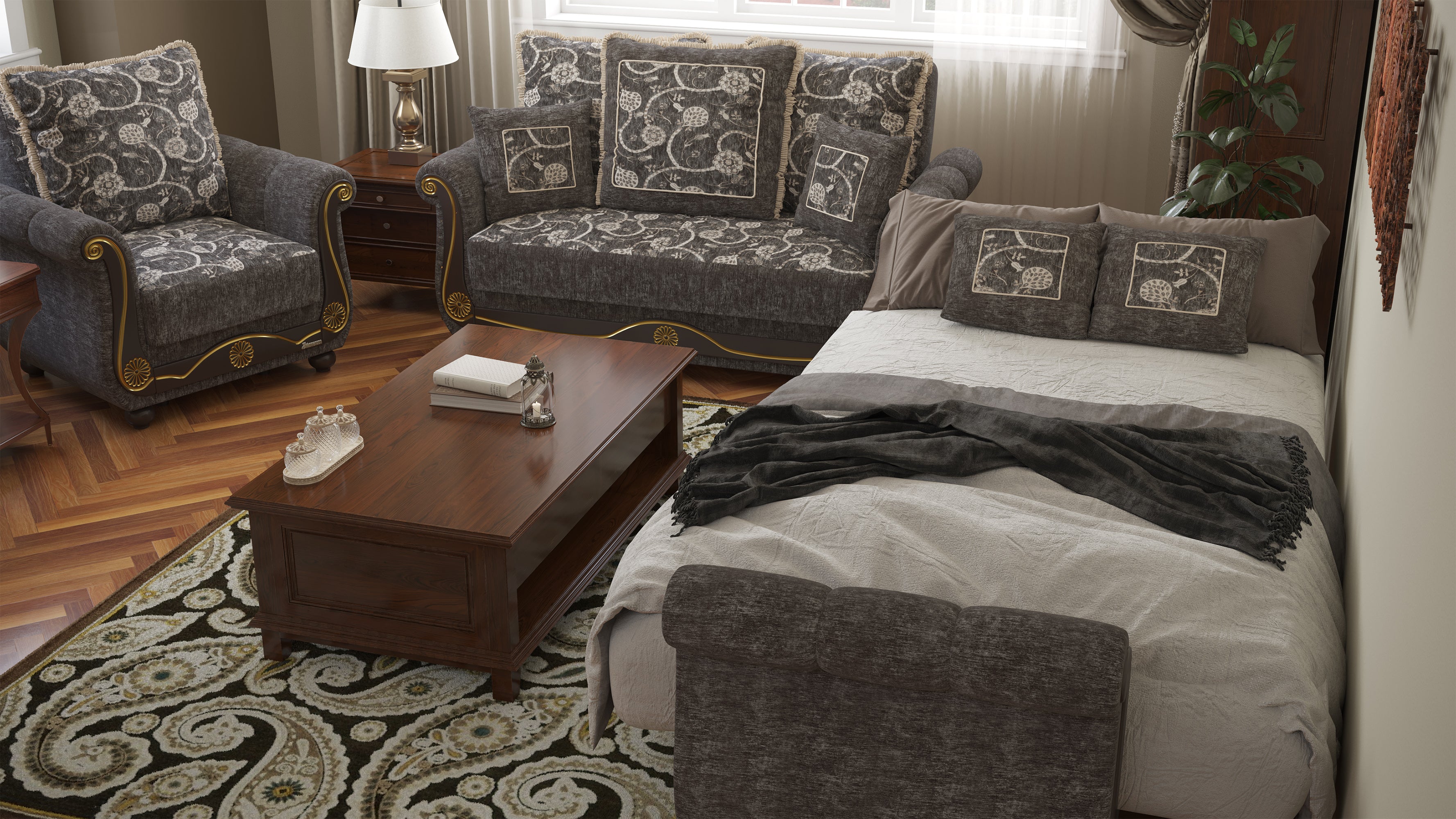 PrimeNest Timberline Collection Grey Upholstered Convertible Sofabed with Storage ¨C Bedding Collections for Living Room & Small Spaces