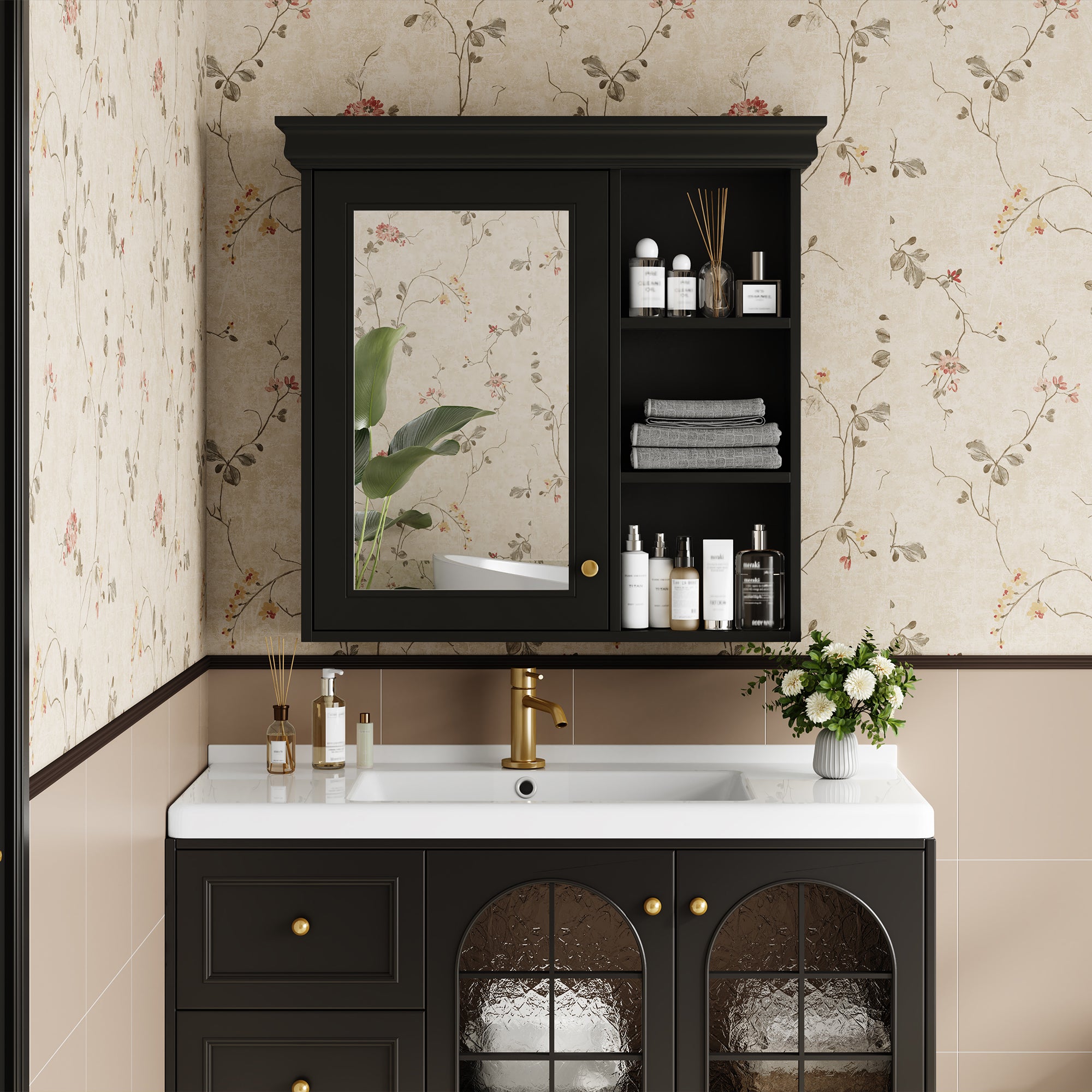 30'' x 28'' Wall-Mounted Bathroom Medicine Cabinet with Mirror ¨C Over Toilet Storage Organizer for Bathroom Organization, Black MDF Cabinet