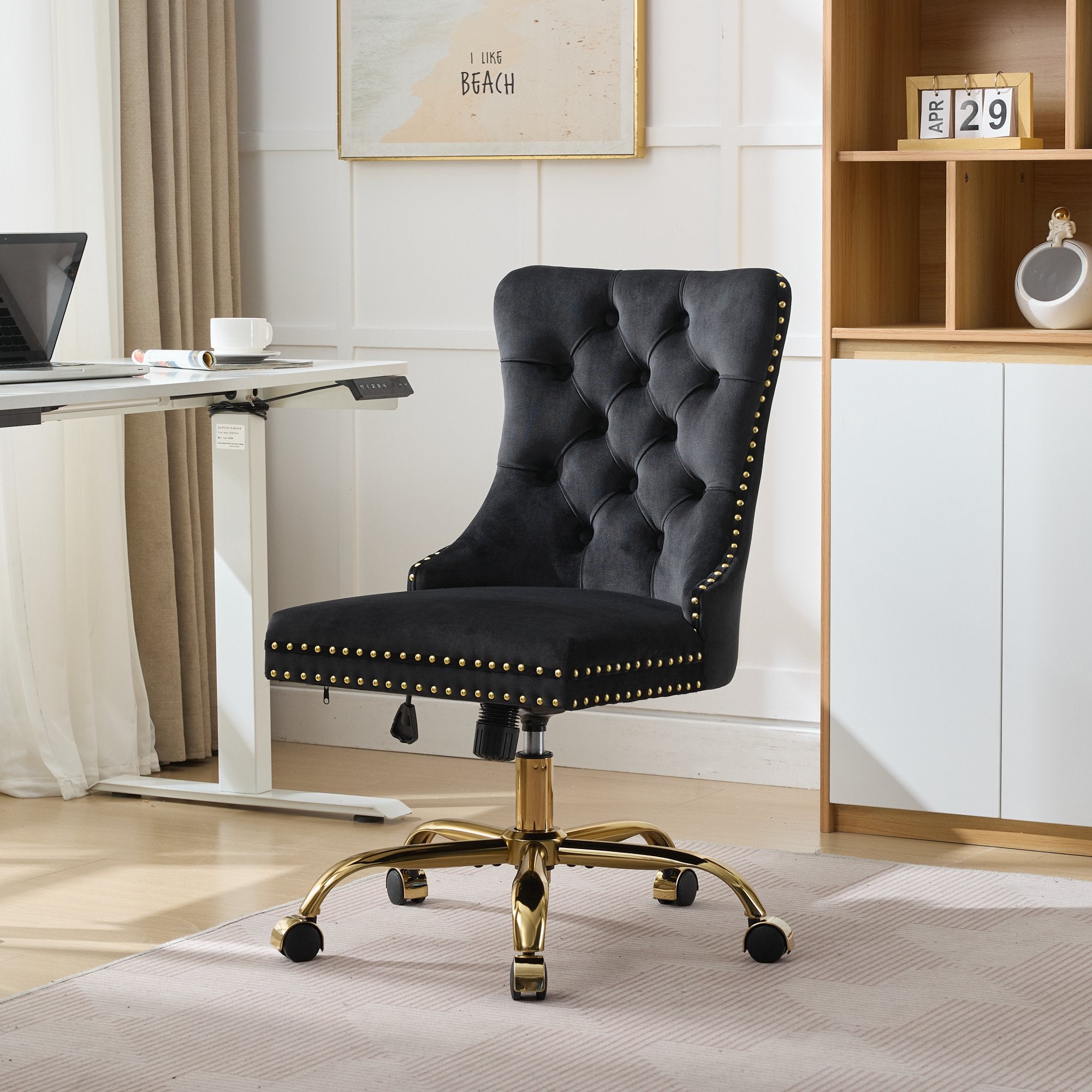 koorbiir o4 Modern Velvet Upholstered Office Chair with Tufted Button ¨C Adjustable Swivel Desk Chair with Gold Metal Base (Gray)