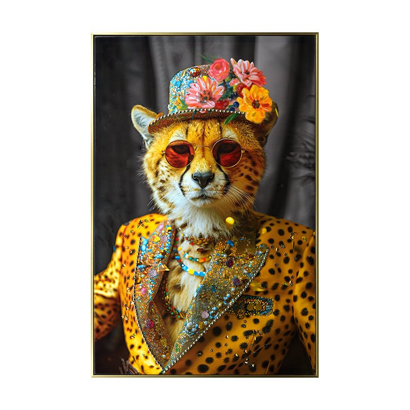 koorbiir W1 Abstract Cheetah Wall Art ¨C Modern Leopard Print Canvas Painting with Sunglasses, Hat & Flowers for Living Room, Bedroom & Office Decor - Koorbiir