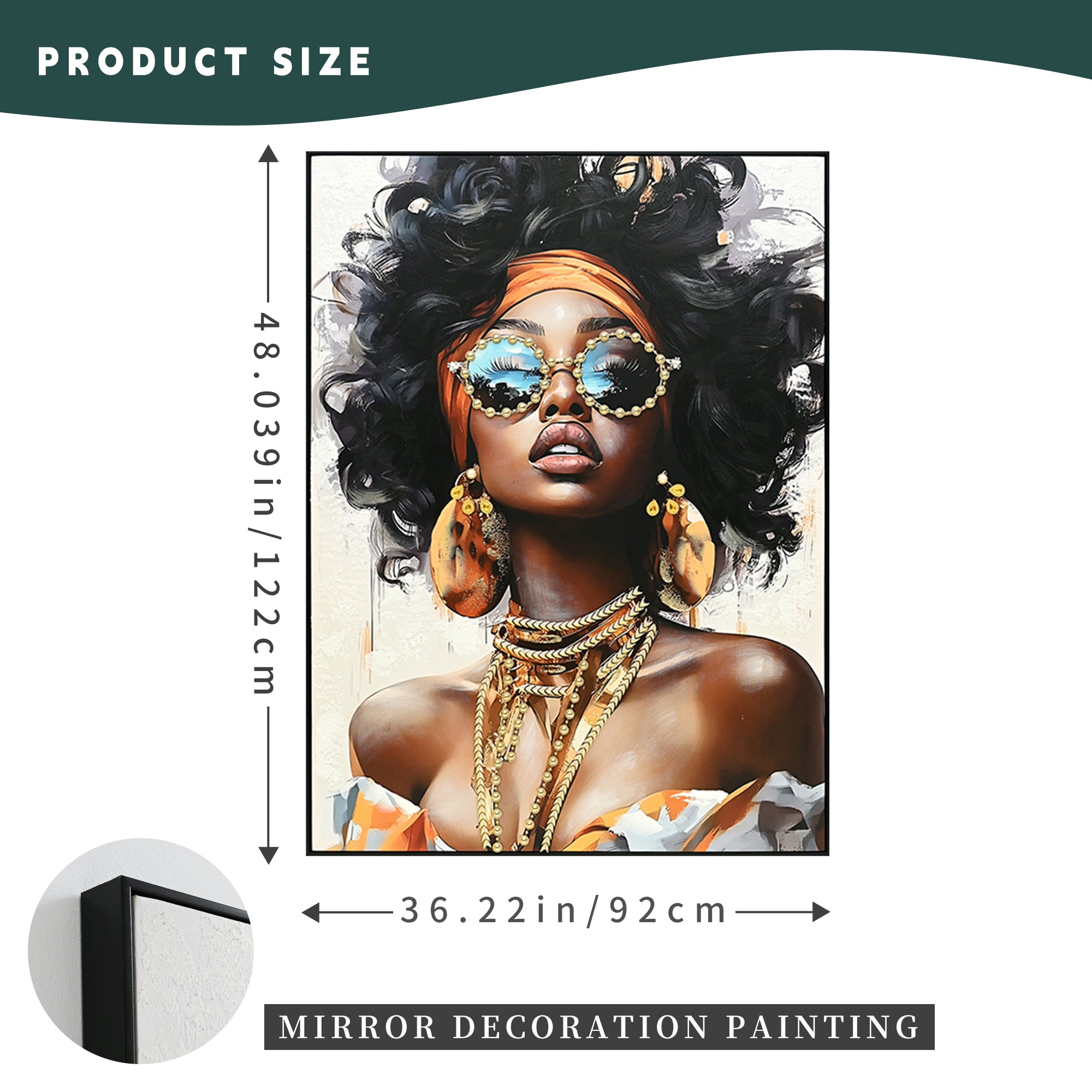 koorbiir w2 Black Girl Wall Art ¨C African American Woman with Curly Hair, Orange Headwrap, Sunglasses & Necklaces ¨C Afrocentric Canvas Painting for Home & Office