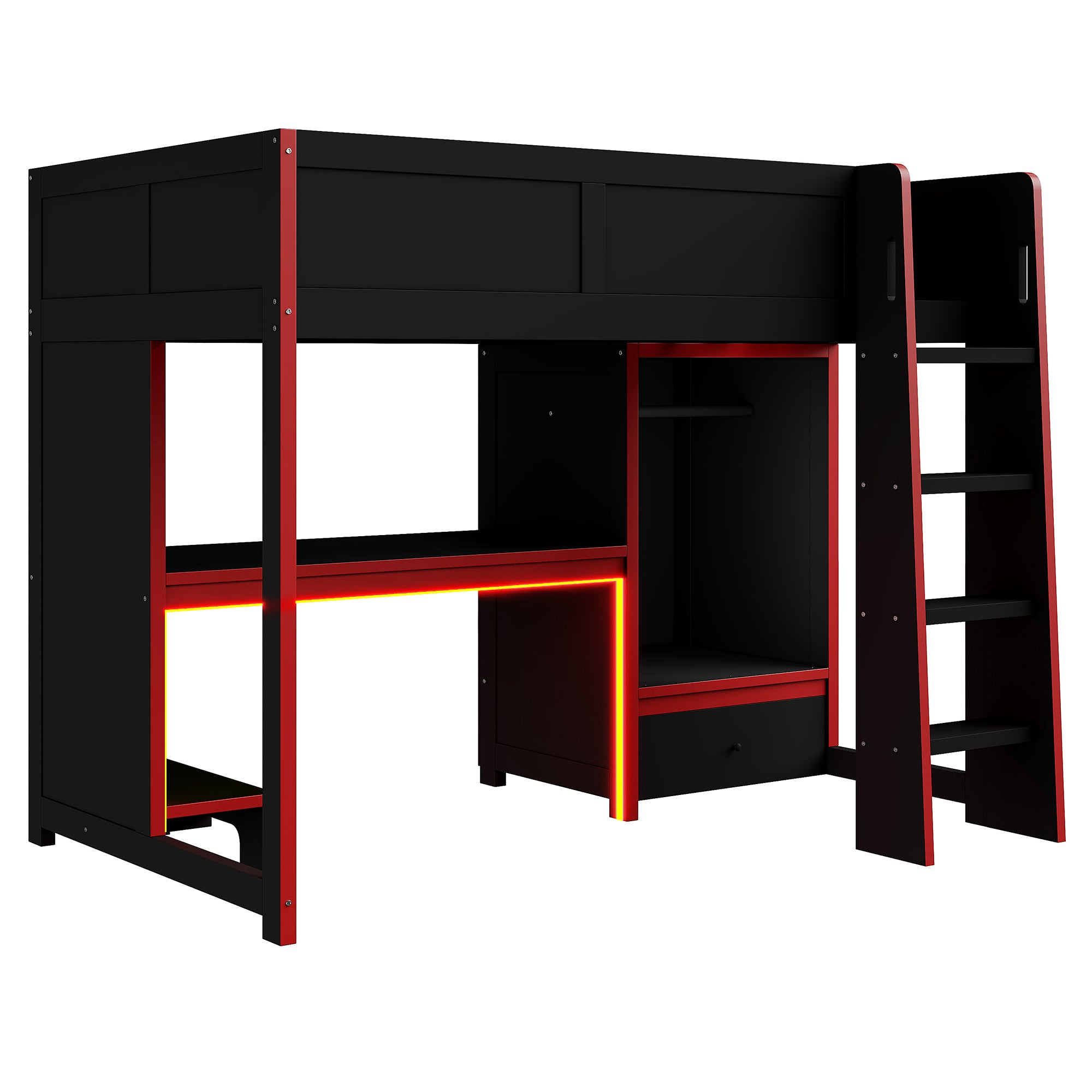 koorbiir G1 Wood Full-Size Gaming Loft Bed with Built-In Gaming Desk, Wardrobe, LED Lighting & Drawer ¨C Black