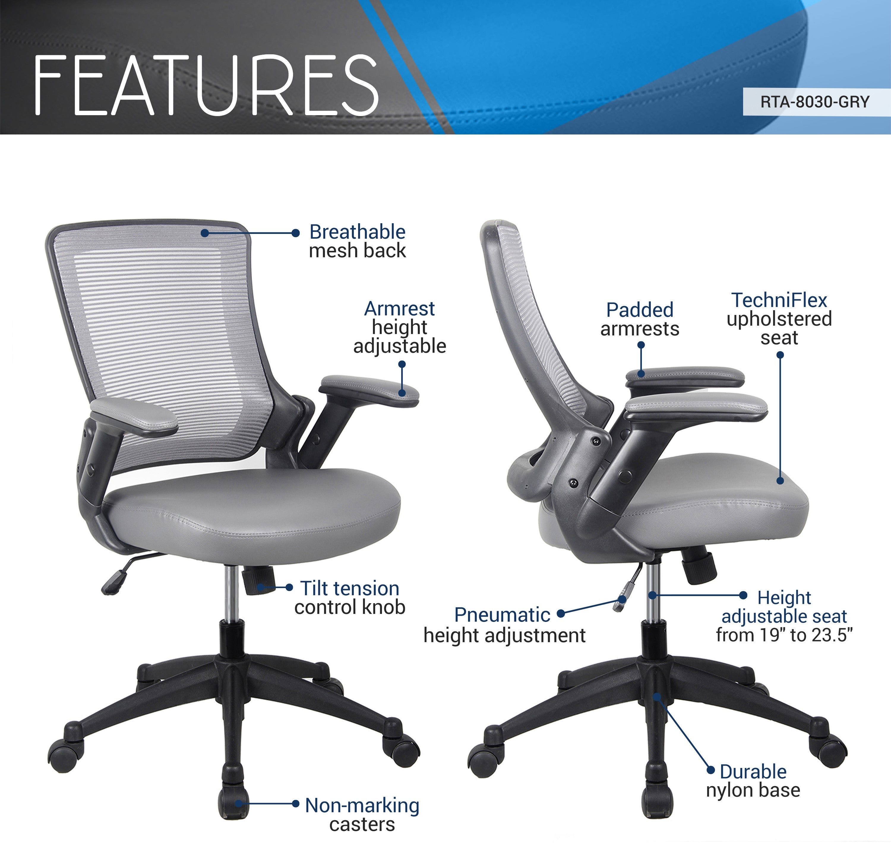 koorbiir m2 Mobili Mid-Back Mesh Chair with Height Adjustable Arms ¨C Grey Task Office Chair