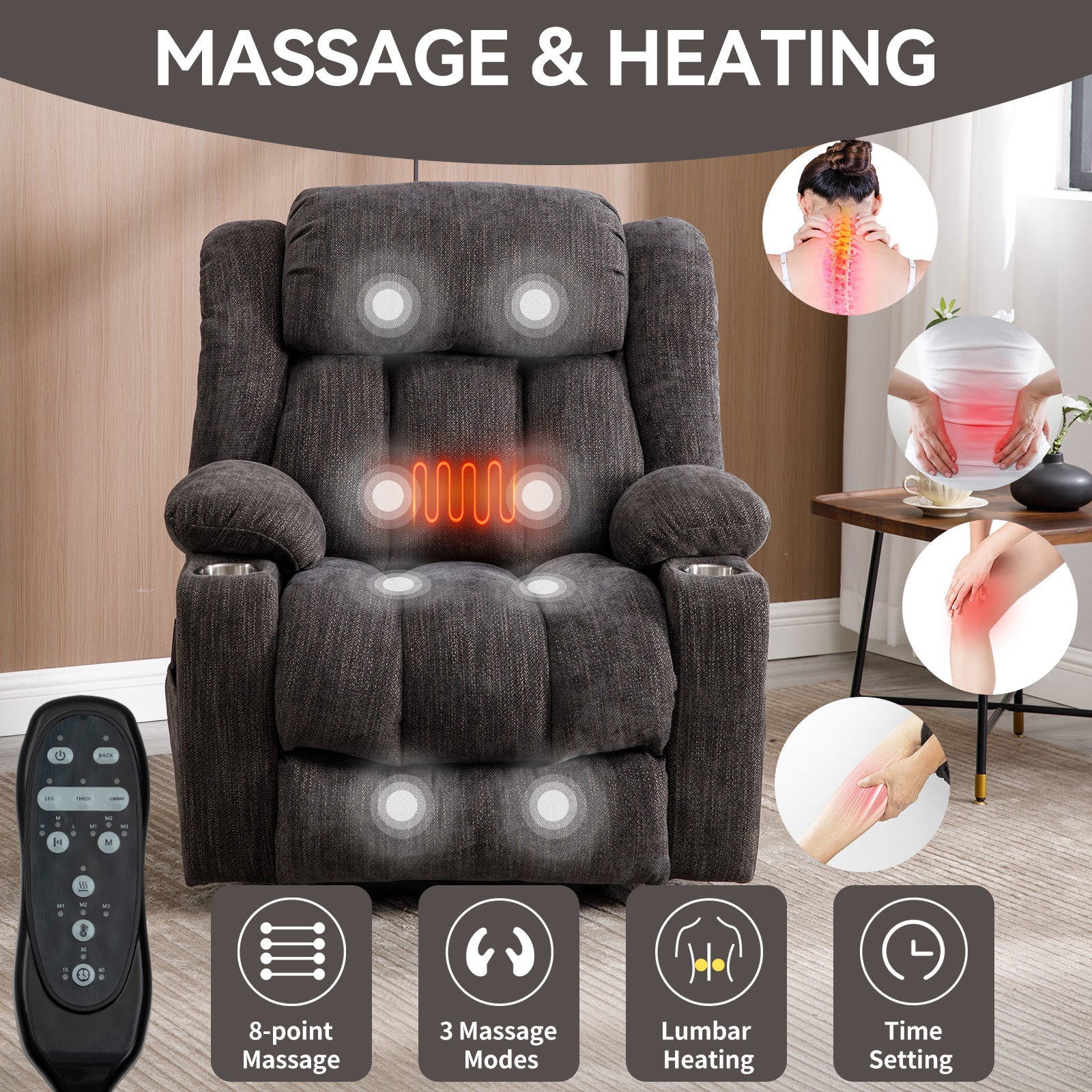 Up to 350 LBS Chenille Power Lift Massage Chair with 8 - Point Vibration, Lumbar Heating, USB & Type - C Ports, Stainless Steel Cup Holders ¨C Blue - Koorbiir