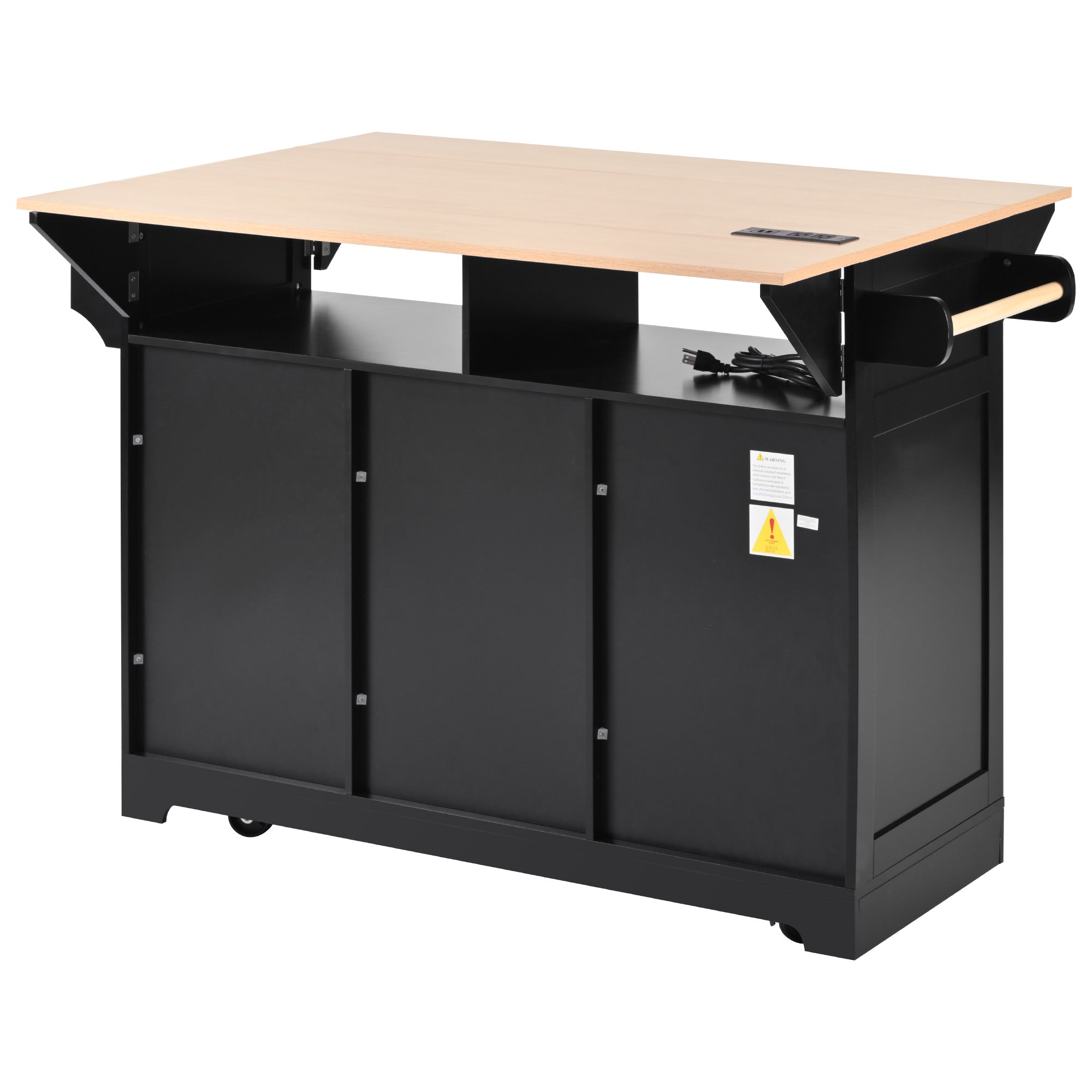 koorbiir k2 K&K 55.7" Large Kitchen Island with Storage, 2 Drop Leaves, Rolling Kitchen Cart with Power Outlet, Folding Dining Table, 3 Drawers & Spice/Towel Rack ¨C Mobile Kitchen Storage for Kitchen & Dining Room, Black