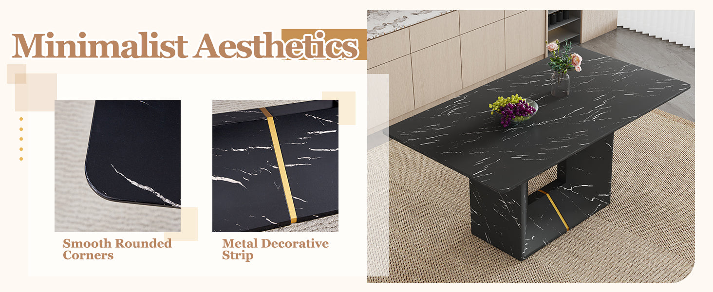 63" x 35.4" Black Marble Pattern Dining Table Set with 4 Dark Gray Linen Chairs ¨C Modern MDF Table with O-Shaped Legs, Metal Frame & Table Linens for Kitchen or Dining Room