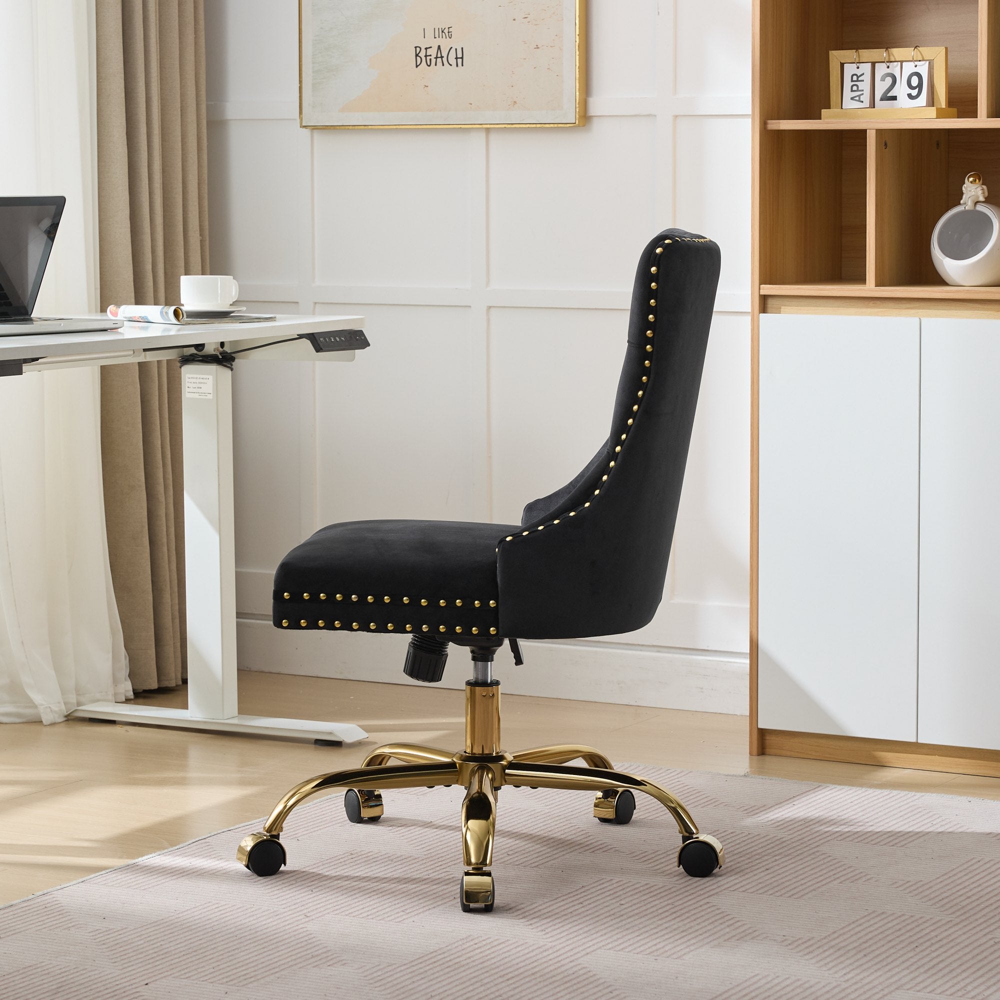 koorbiir o4 Modern Velvet Upholstered Office Chair with Tufted Button ¨C Adjustable Swivel Desk Chair with Gold Metal Base (Gray)