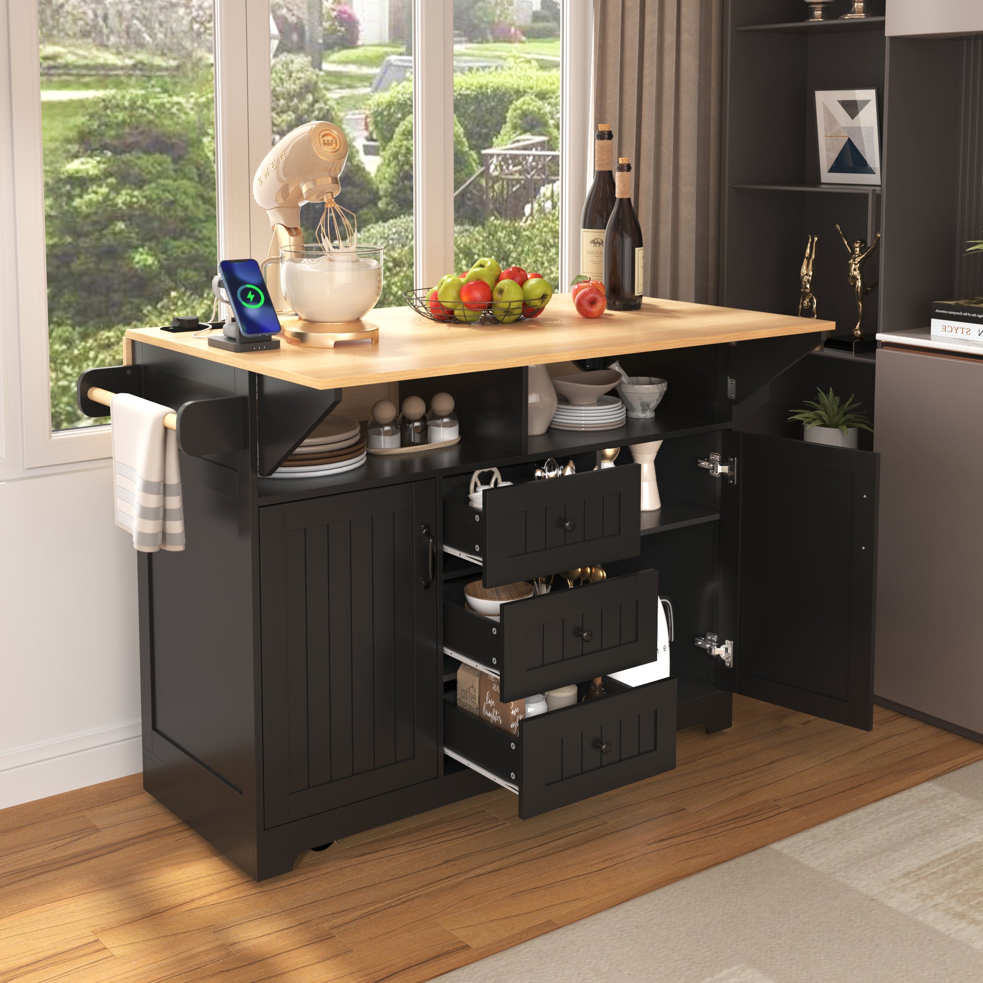 koorbiir k2 K&K 55.7" Large Kitchen Island with Storage, 2 Drop Leaves, Rolling Kitchen Cart with Power Outlet, Folding Dining Table, 3 Drawers & Spice/Towel Rack ¨C Mobile Kitchen Storage for Kitchen & Dining Room, Black