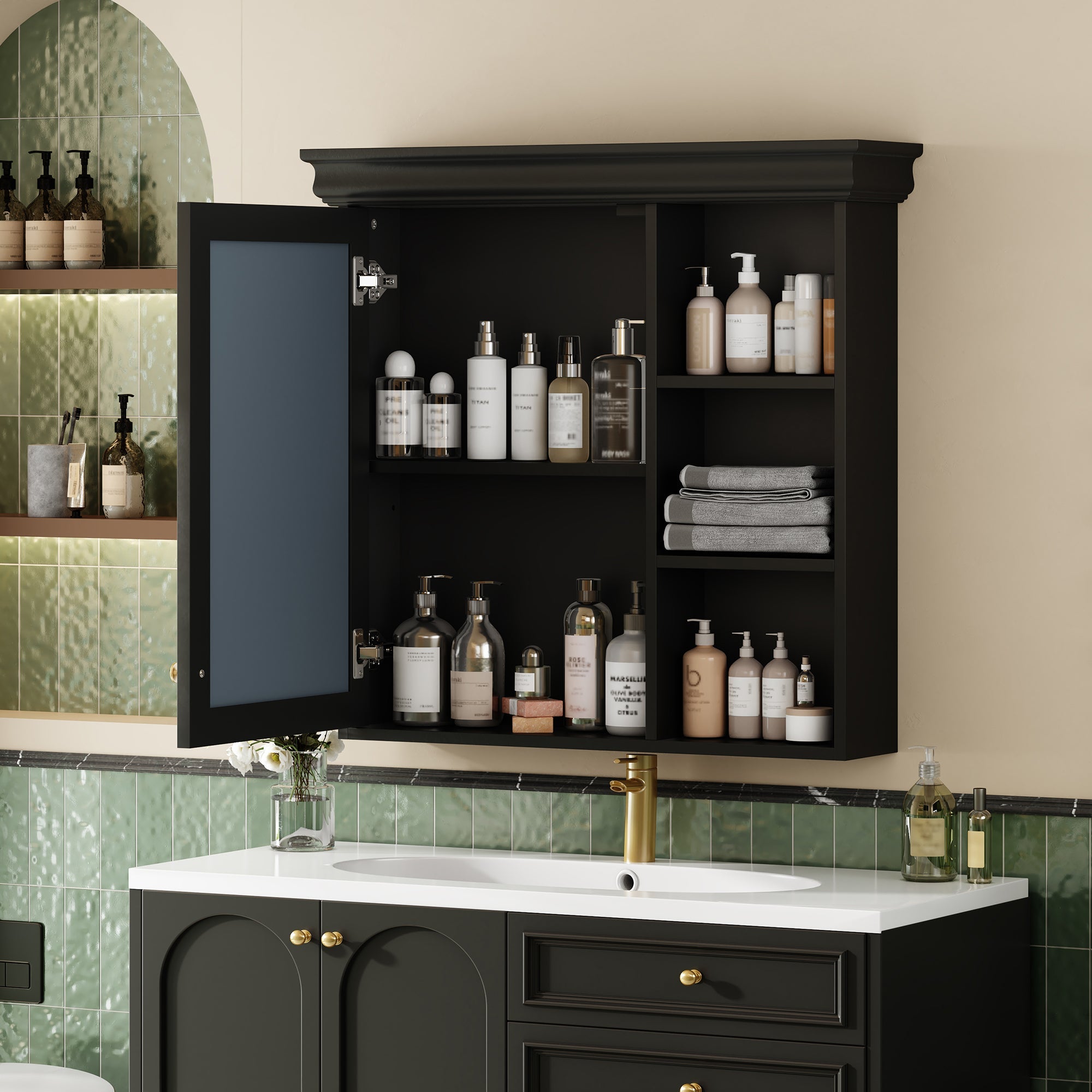 koorbiir ba6 30'' x 28'' Wall - Mounted Bathroom Medicine Cabinet with Mirror ¨C Over Toilet Storage Organizer for Bathroom Organization, Black MDF Cabinet - Koorbiir