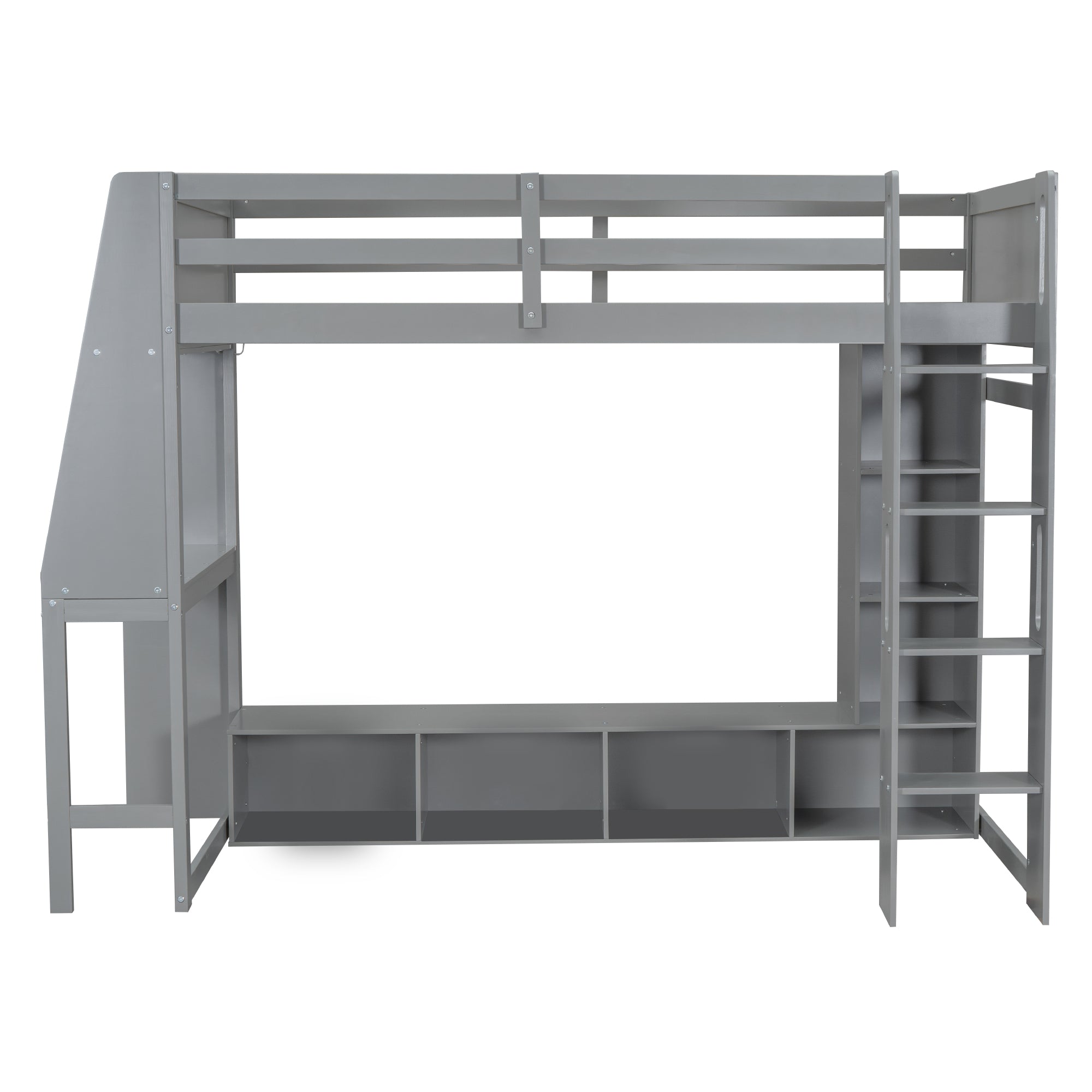 koorbiir G4 Wood Full Size Gaming Loft Bed with Built-In Gaming Desk, Multi-Storage Shelves, LED & Hanging Clothes Rack ¨C Gray