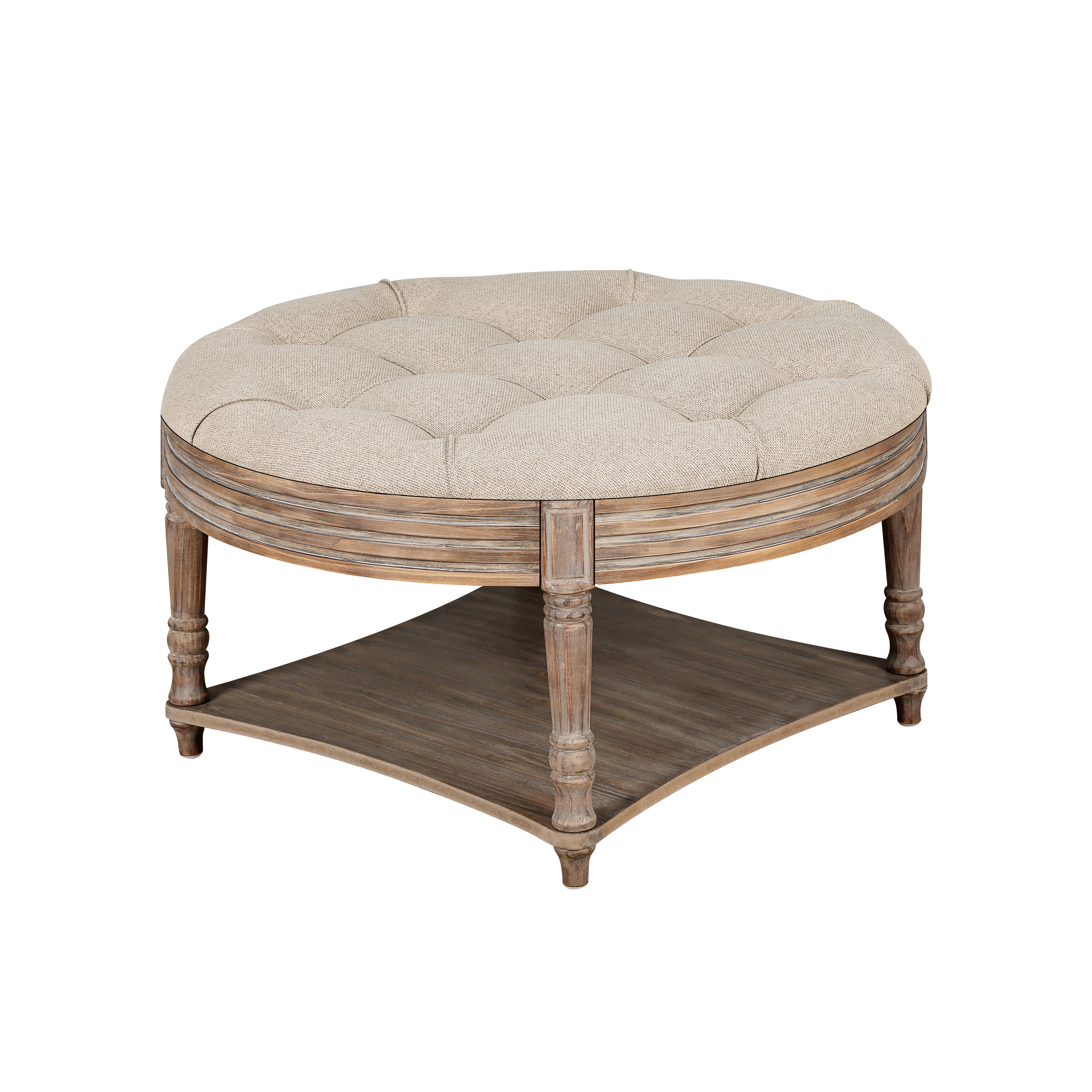 koorbiir ta2 Large Round Waterproof Ottoman Coffee Table with 2-Tier Wooden Shelf ¨C Oversized Button Tufted Upholstered Footstool Ottoman, Farmhouse Style Table Linens (Light Gray) for Living Room
