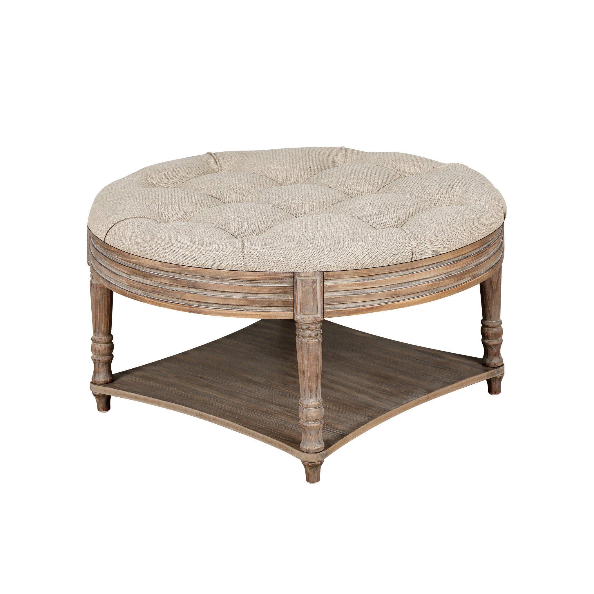 koorbiir ta2 Large Round Waterproof Ottoman Coffee Table with 2 - Tier Wooden Shelf ¨C Oversized Button Tufted Upholstered Footstool Ottoman, Farmhouse Style Table Linens (Light Gray) for Living Room - Koorbiir