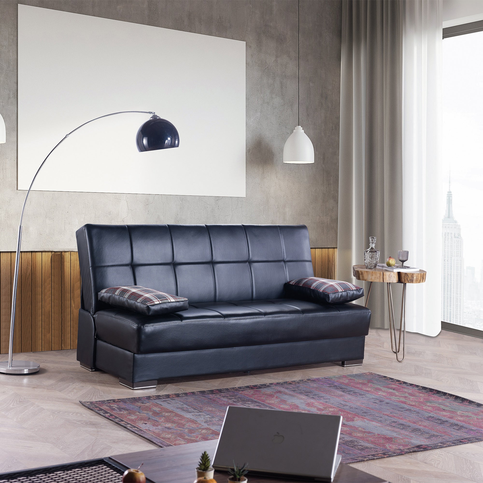 PrimeNest Sovo Collection Black PU Upholstered Convertible Sofabed with Storage ¨C Bedding Collections for Small Spaces & Living Room