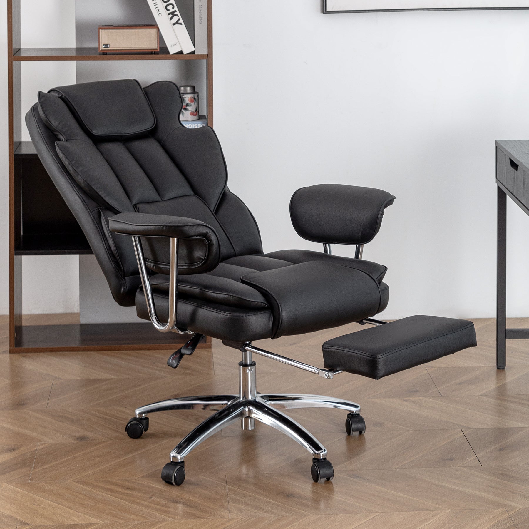 Office Chair, Big and Tall Executive Office Chair with Footrest, Leather Computer Chair, Ergonomic Reclining Chair High Back, Large Home Office Chair (Black) - Koorbiir