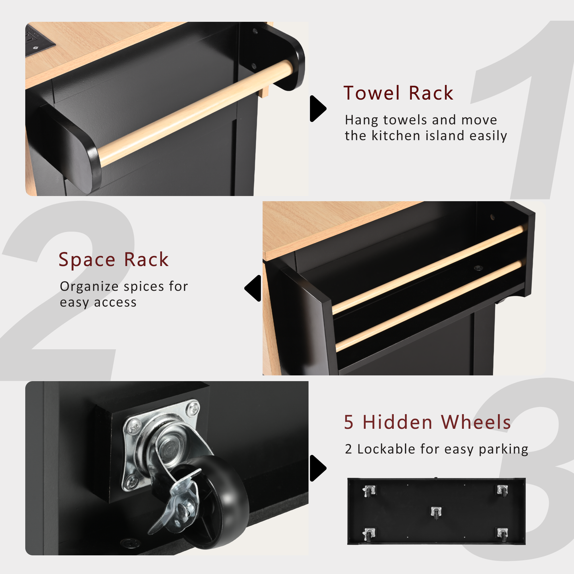 koorbiir k2 K&K 55.7" Large Kitchen Island with Storage, 2 Drop Leaves, Rolling Kitchen Cart with Power Outlet, Folding Dining Table, 3 Drawers & Spice/Towel Rack ¨C Mobile Kitchen Storage for Kitchen & Dining Room, Black