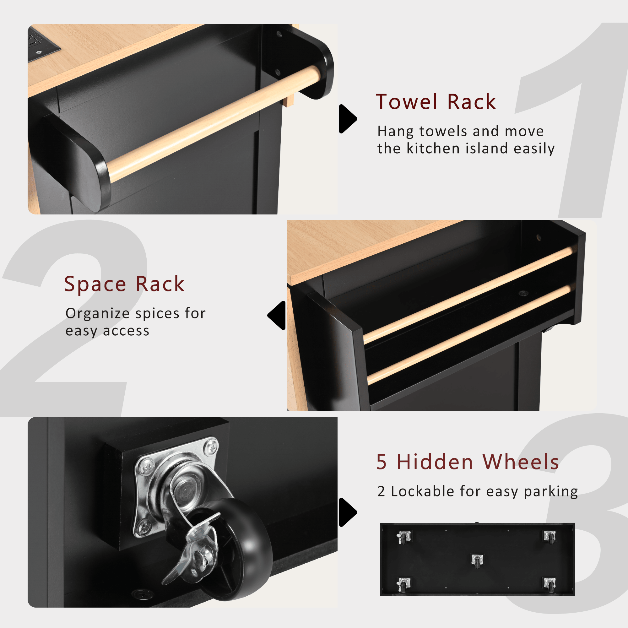 koorbiir k2 K&K 55.7" Large Kitchen Island with Storage, 2 Drop Leaves, Rolling Kitchen Cart with Power Outlet, Folding Dining Table, 3 Drawers & Spice/Towel Rack ¨C Mobile Kitchen Storage for Kitchen & Dining Room, Black - Koorbiir