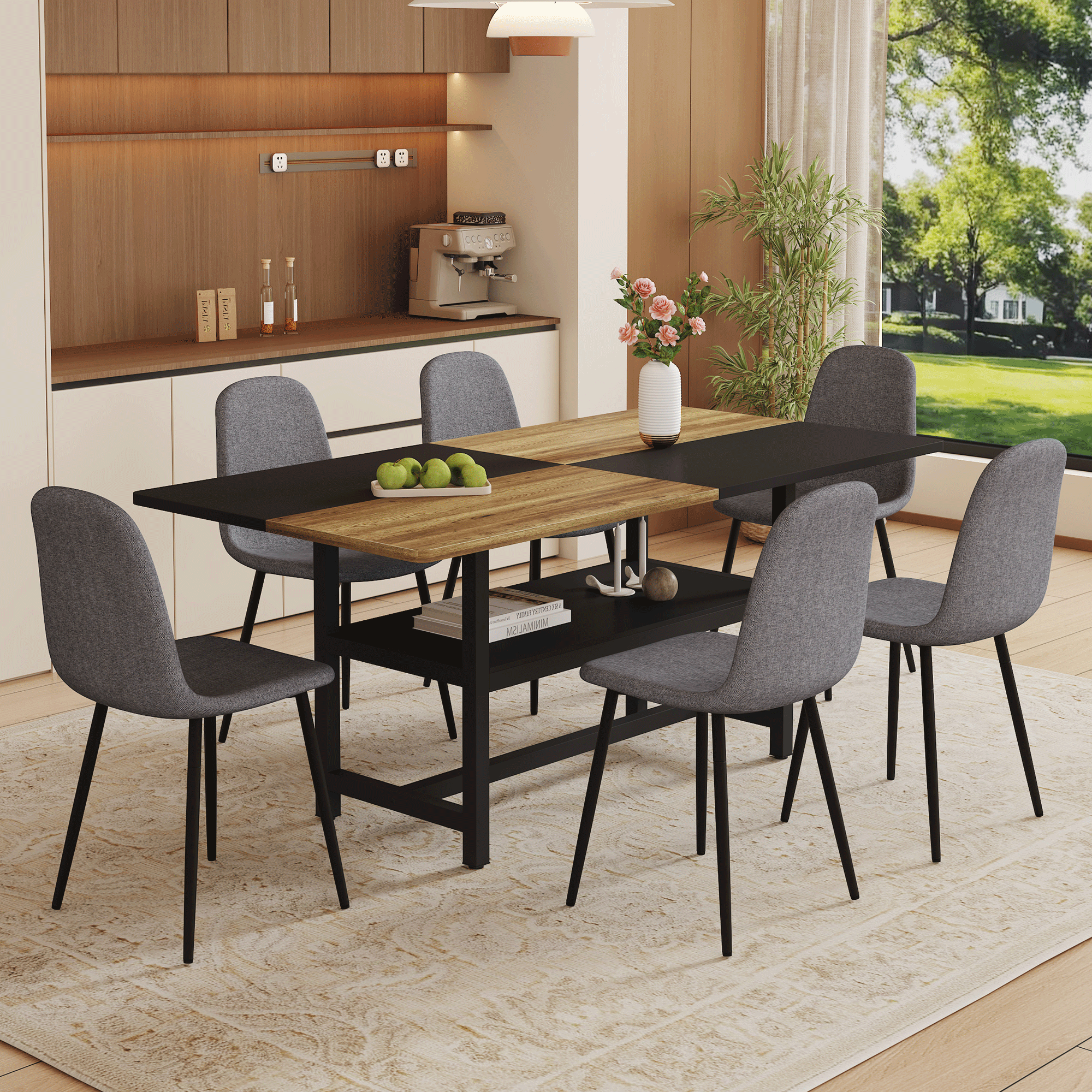 koorbiir ta3 71" x 35.4" Wooden & Black Spliced Dining Table with Middle Storage ¨C 6 Light Gray Linen Fabric Chairs, Sturdy Metal Frame, Table Linens Included