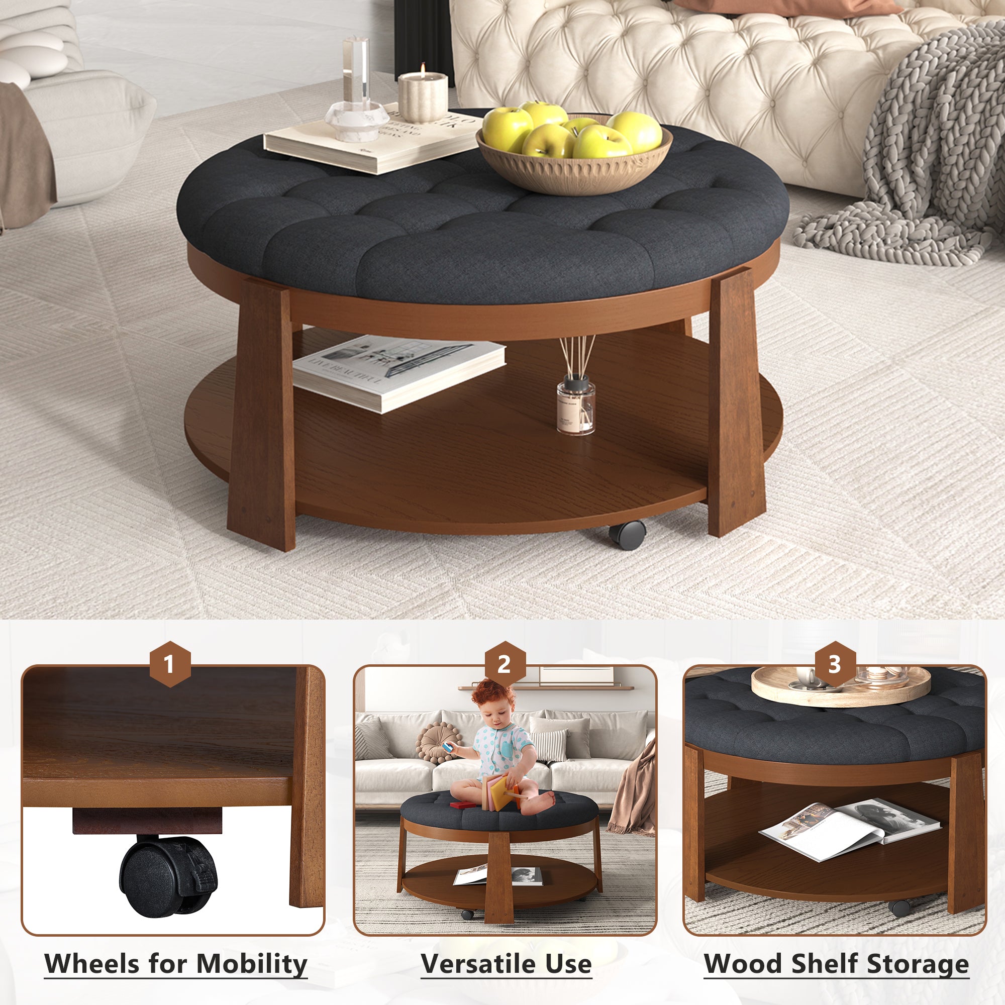 koorbiir ta1 Modern Large Round Ottoman Coffee Table with 2-Tier Wood Shelf Storage ¨C Oversized Button Tufted Upholstered Footrest Ottoman on Wheels, Waterproof Table Linens for Living Room