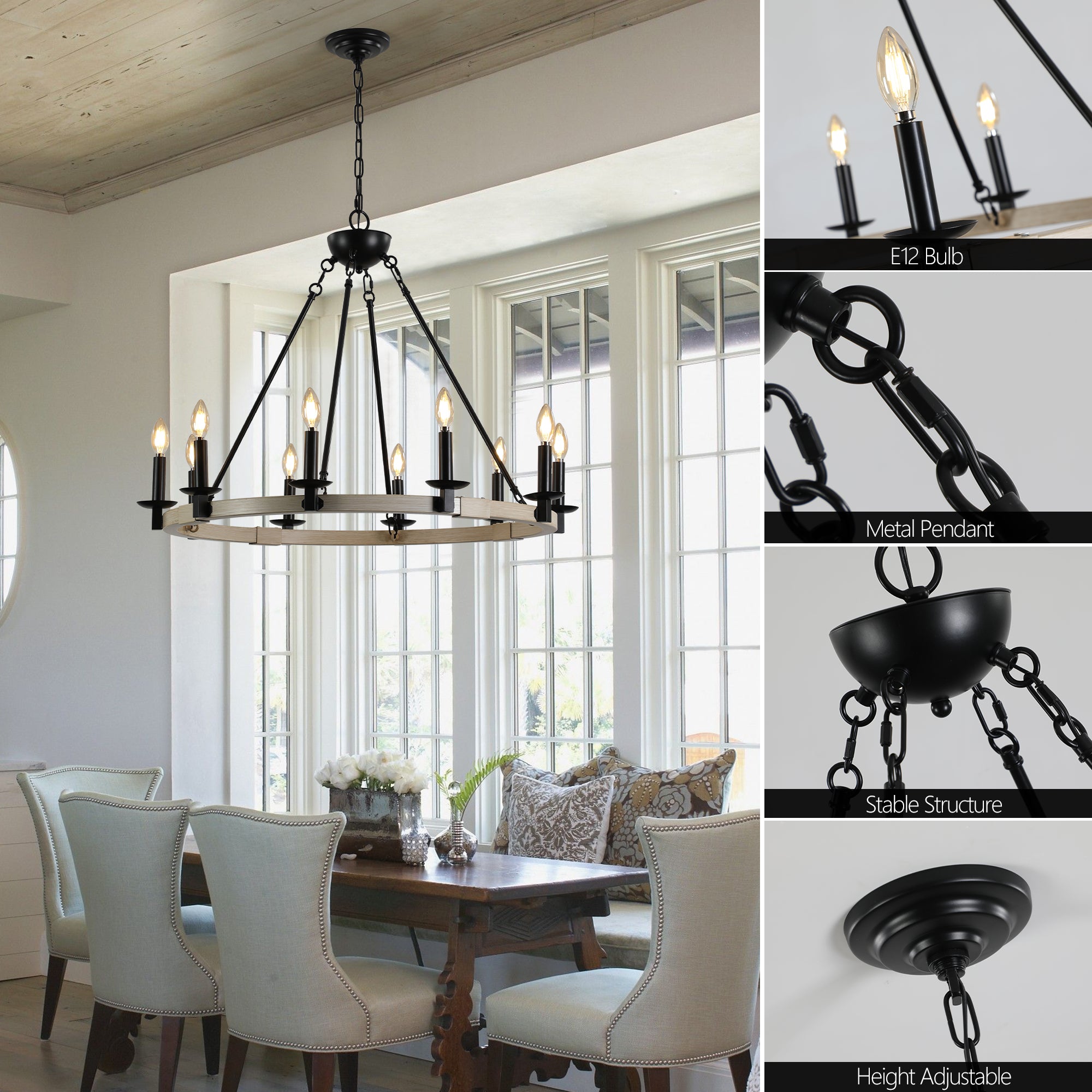 koorbiir ca1 32" Rustic Farmhouse Candle Chandelier, 10-Light Black Metal and Wood Round Hanging Light Fixture for Dining Room, Kitchen & Living Room, Adjustable Height, E12 Bulb Base (No Bulbs)