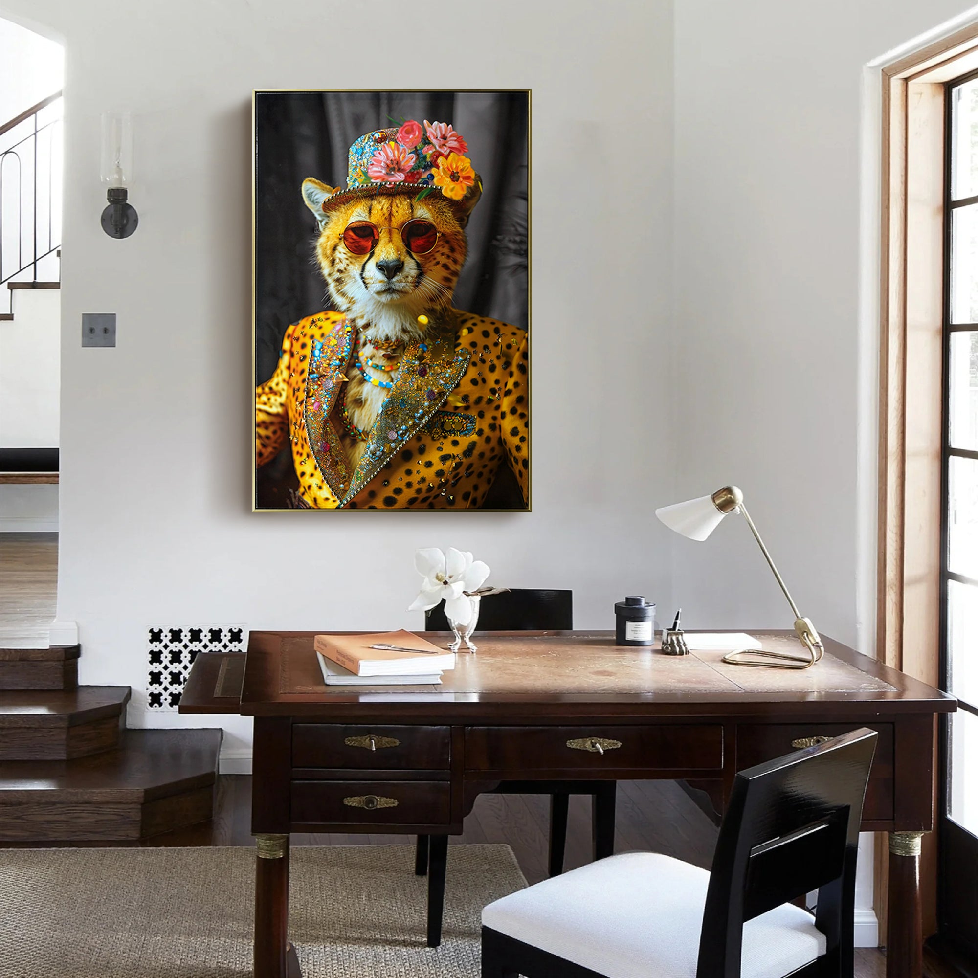 koorbiir W1 Abstract Cheetah Wall Art ¨C Modern Leopard Print Canvas Painting with Sunglasses, Hat & Flowers for Living Room, Bedroom & Office Decor