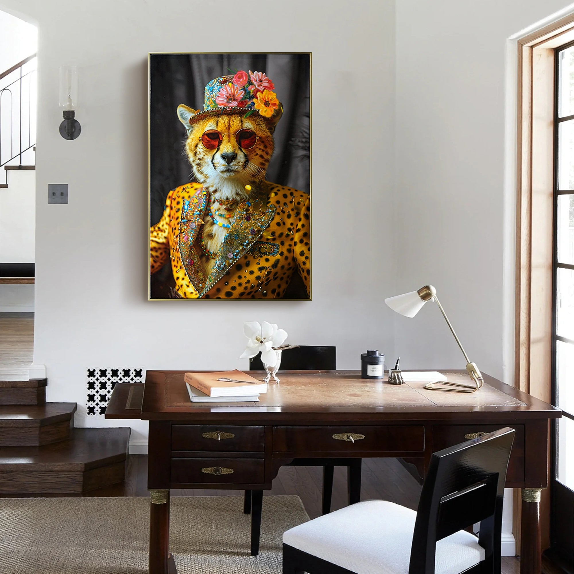 koorbiir W1 Abstract Cheetah Wall Art ¨C Modern Leopard Print Canvas Painting with Sunglasses, Hat & Flowers for Living Room, Bedroom & Office Decor - Koorbiir