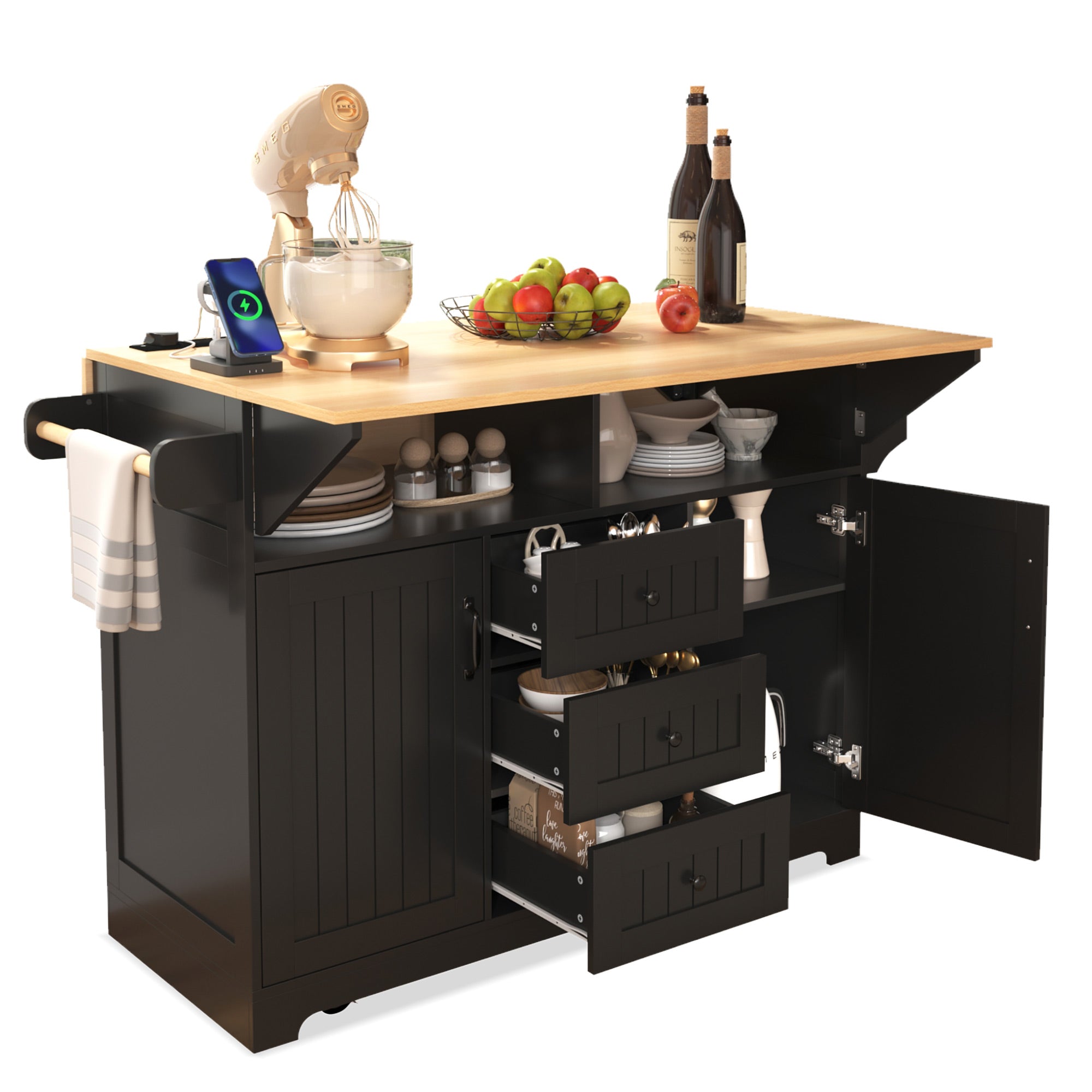 koorbiir k2 K&K 55.7" Large Kitchen Island with Storage, 2 Drop Leaves, Rolling Kitchen Cart with Power Outlet, Folding Dining Table, 3 Drawers & Spice/Towel Rack ¨C Mobile Kitchen Storage for Kitchen & Dining Room, Black