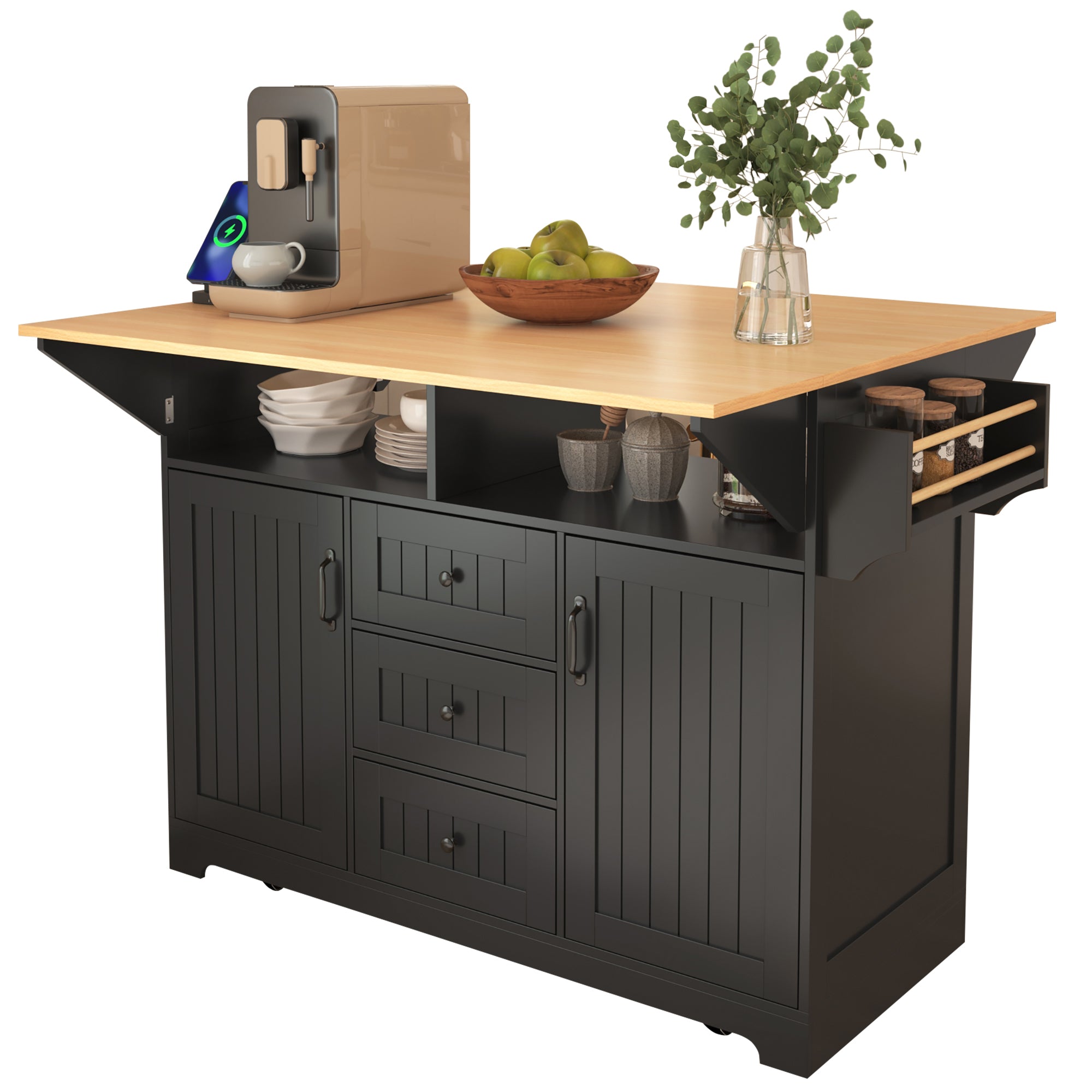 koorbiir k2 K&K 55.7" Large Kitchen Island with Storage, 2 Drop Leaves, Rolling Kitchen Cart with Power Outlet, Folding Dining Table, 3 Drawers & Spice/Towel Rack ¨C Mobile Kitchen Storage for Kitchen & Dining Room, Black