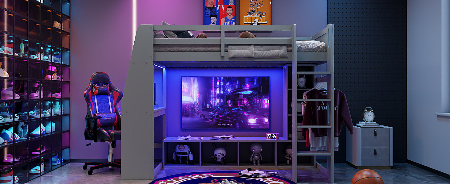 koorbiir G4 Wood Full Size Gaming Loft Bed with Built-In Gaming Desk, Multi-Storage Shelves, LED & Hanging Clothes Rack ¨C Gray