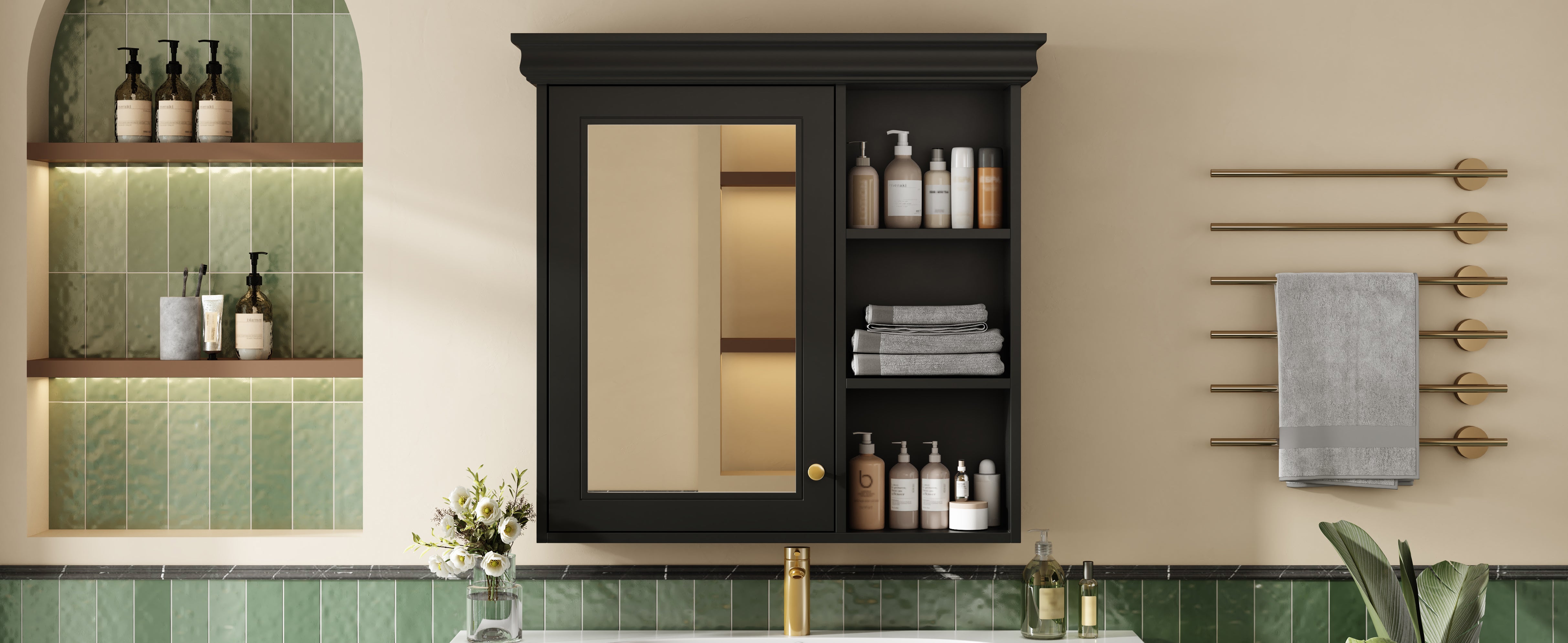 30'' x 28'' Wall-Mounted Bathroom Medicine Cabinet with Mirror ¨C Over Toilet Storage Organizer for Bathroom Organization, Black MDF Cabinet