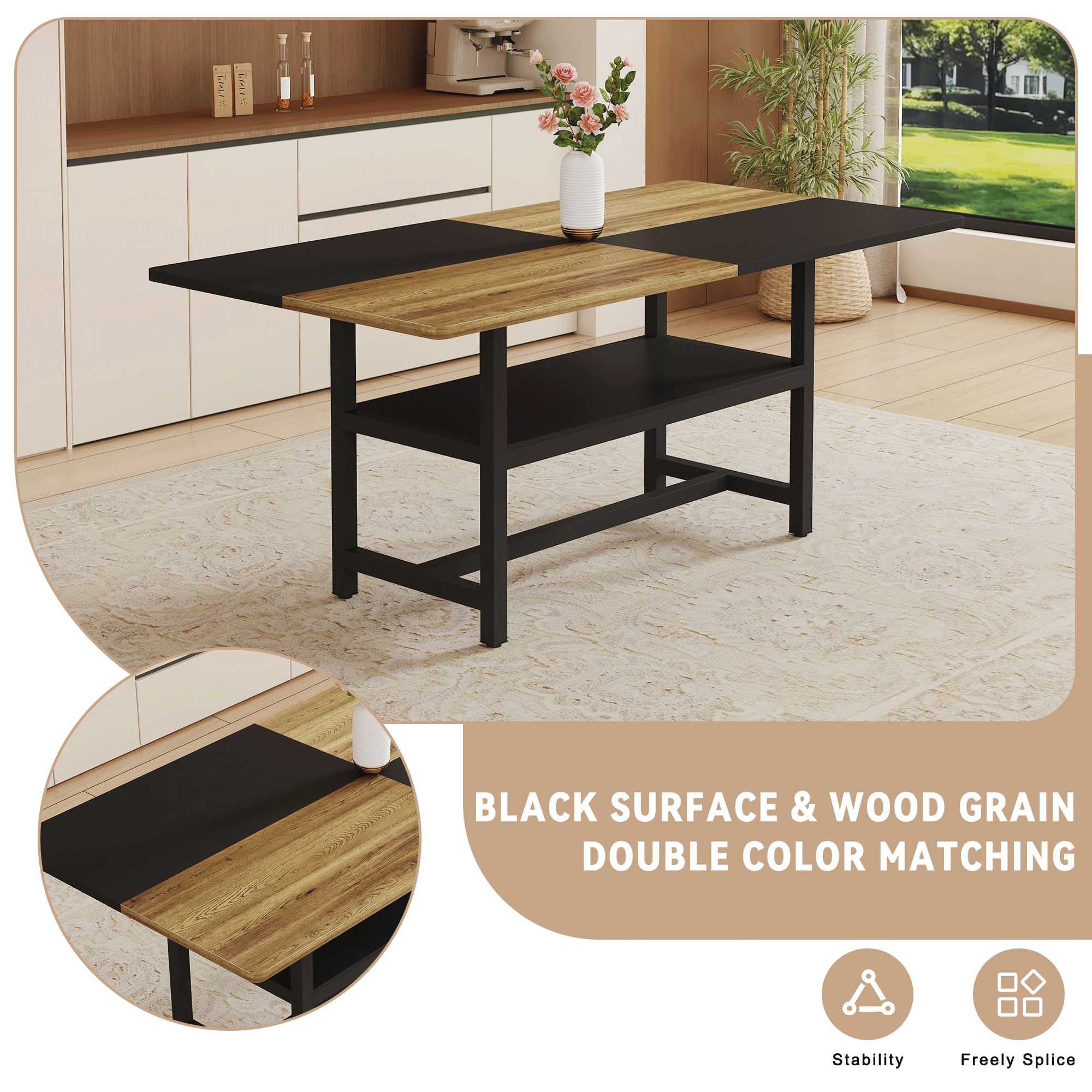koorbiir ta3 71" x 35.4" Wooden & Black Spliced Dining Table with Middle Storage ¨C 6 Light Gray Linen Fabric Chairs, Sturdy Metal Frame, Table Linens Included - Koorbiir