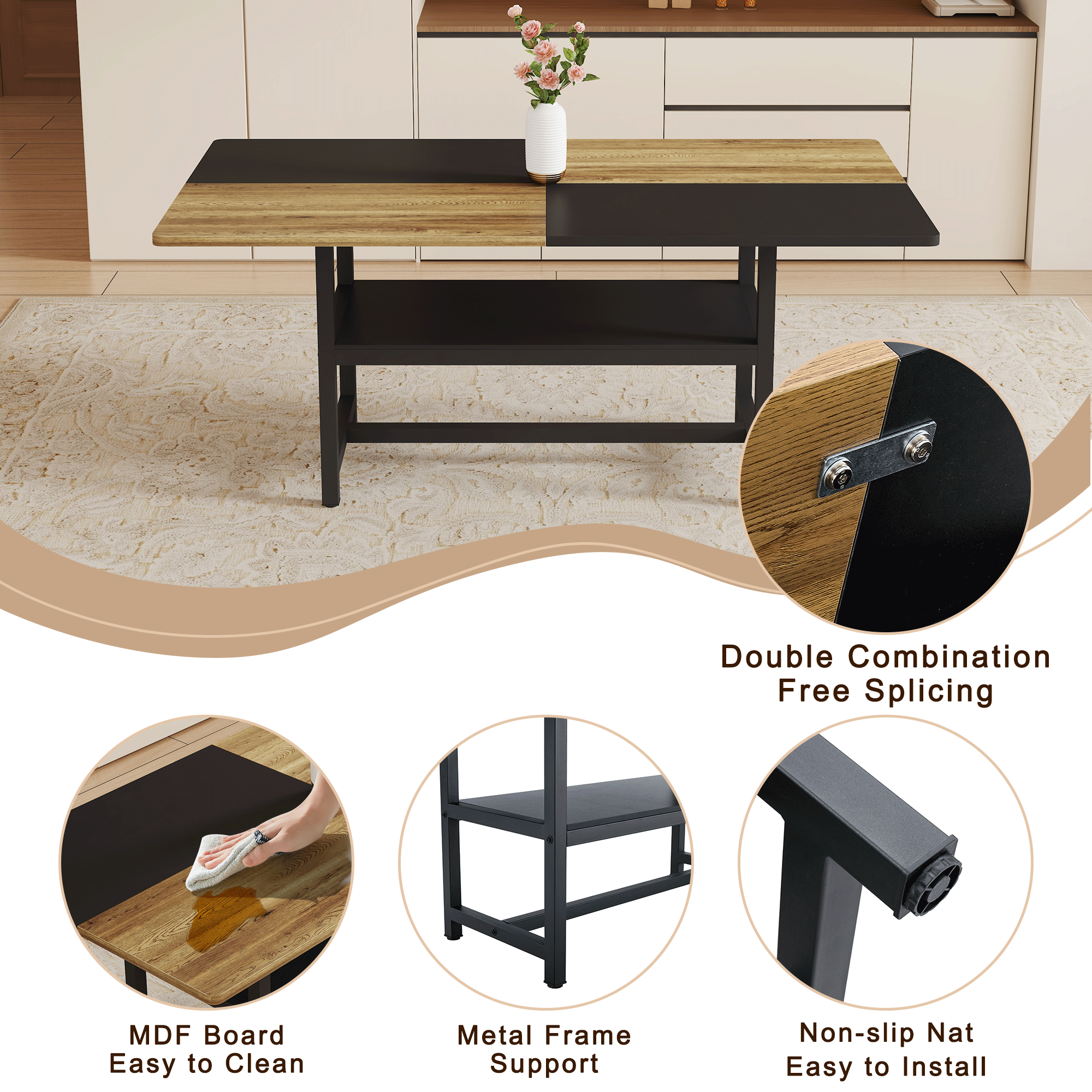 koorbiir ta3 71" x 35.4" Wooden & Black Spliced Dining Table with Middle Storage ¨C 6 Light Gray Linen Fabric Chairs, Sturdy Metal Frame, Table Linens Included